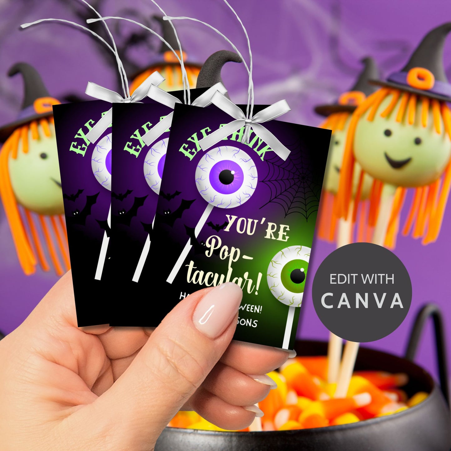 Halloween gift tag with a spooky eyeball cake pop design and the message 'Eye Think You're Pop-tacular!' for cake pop-themed treats.