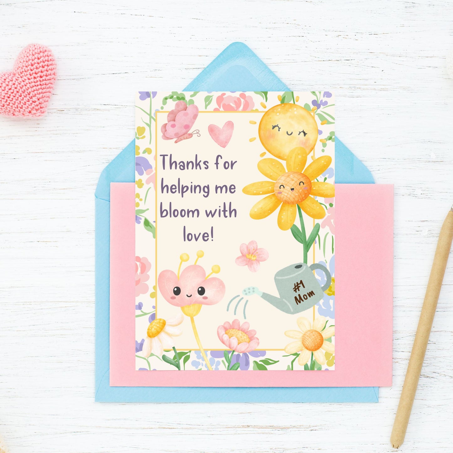 Printable 5x7 card with floral illustrations and the message “Thank You for Helping Me Bloom with Love,” ideal for Mother’s Day or teacher appreciation, available as an instant PDF download.