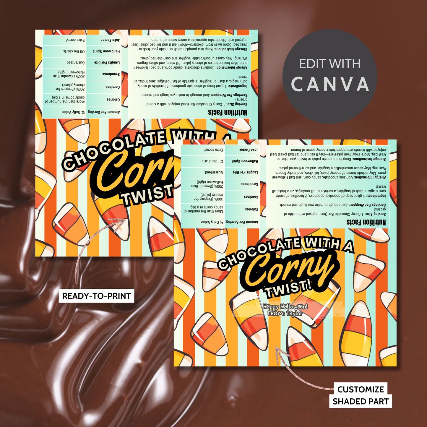 Printable and editable candy corn-themed Halloween chocolate bar wrapper featuring candy corn graphics and colorful stripes, perfect for trick-or-treat and Halloween parties.