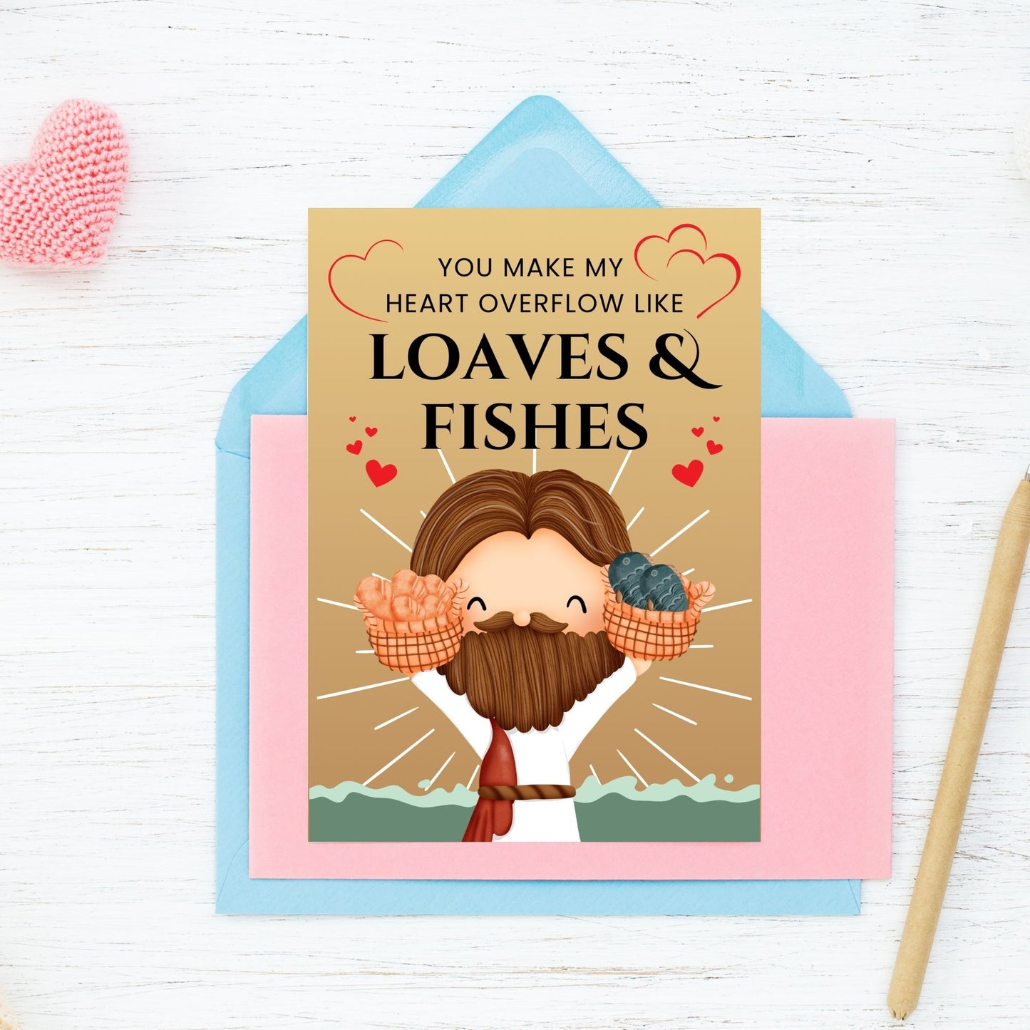 A beautiful Christian printable Valentine’s Day card featuring the message “You Make My Heart Overflow Like Loaves and Fishes”, inspired by Jesus’ miracle of abundance. Available as a 5x7-inch PDF and an 8.5 x 11 sheet with two cards per page. Perfect for faith-based Valentine’s gifts, church groups, and religious occasions.