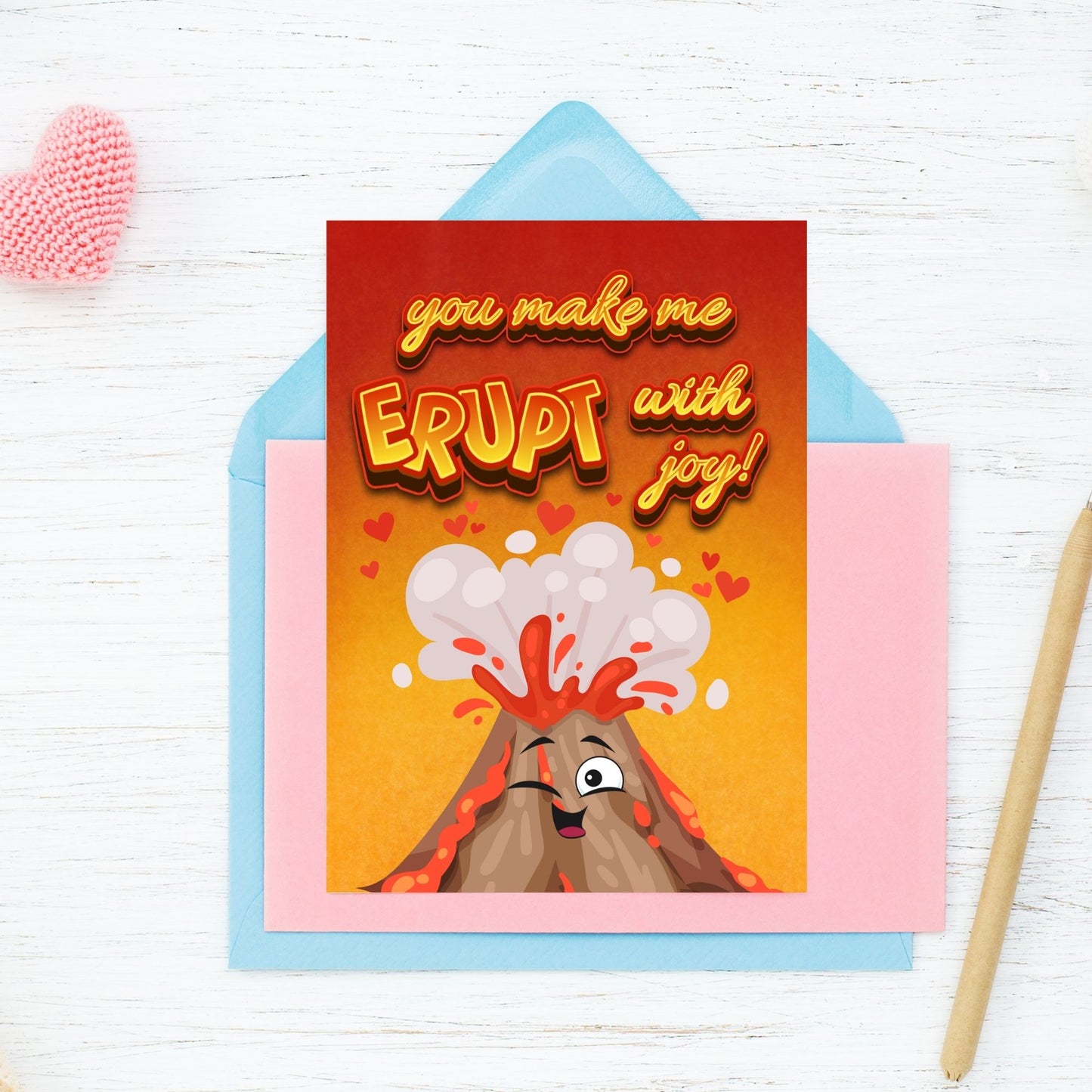 Printable Valentineās Day Greeting Card featuring the pun āYou Make Me Erupt with Joy.ā Designed as a 5x7 PDF on an 8.5 x 11 sheet with two cards per page. A fun and heartfelt Valentineās card for volcano lovers.