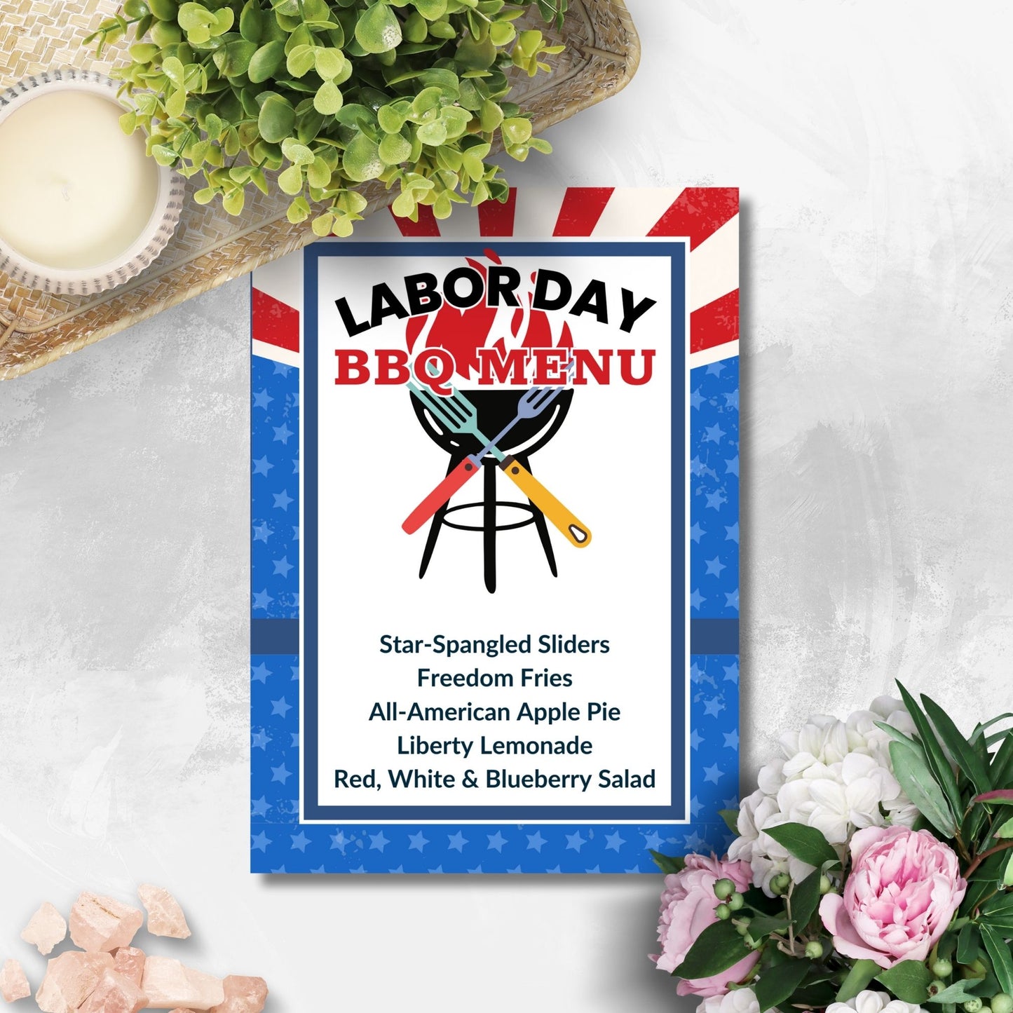 Patriotic Labor Day BBQ menu with red, white, and blue design, featuring editable food items like Star-Spangled Sliders and Liberty Lemonade.