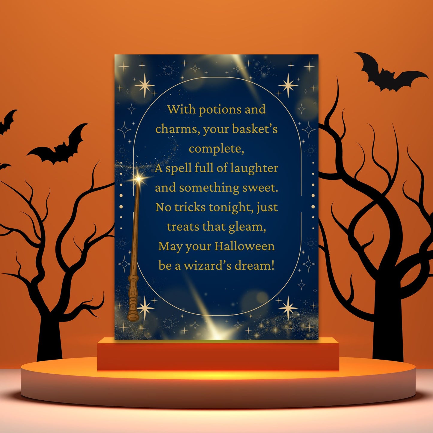 Halloween-themed decorative sign with a witch's broom and text on an orange background with bats and trees.