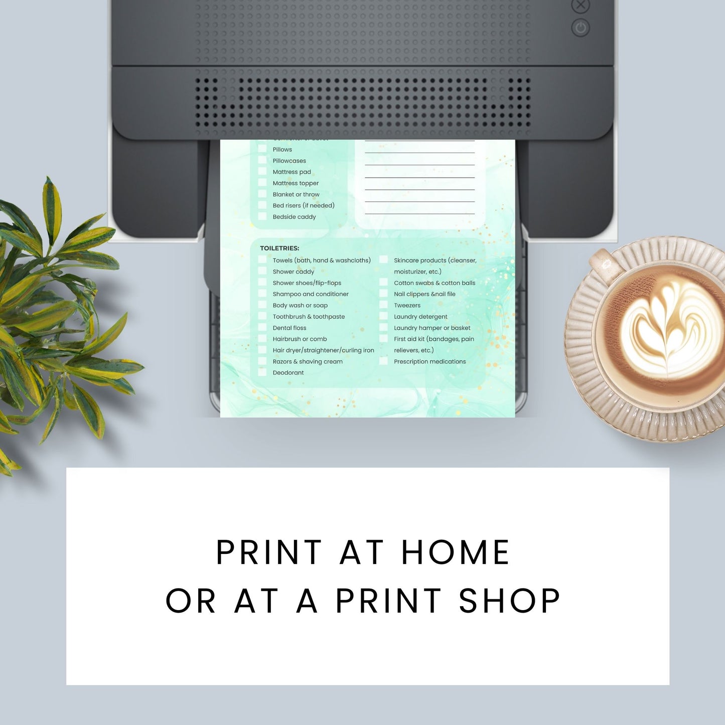 Printable Dorm Checklist with a stylish green marble design, listing all essential items for college students.