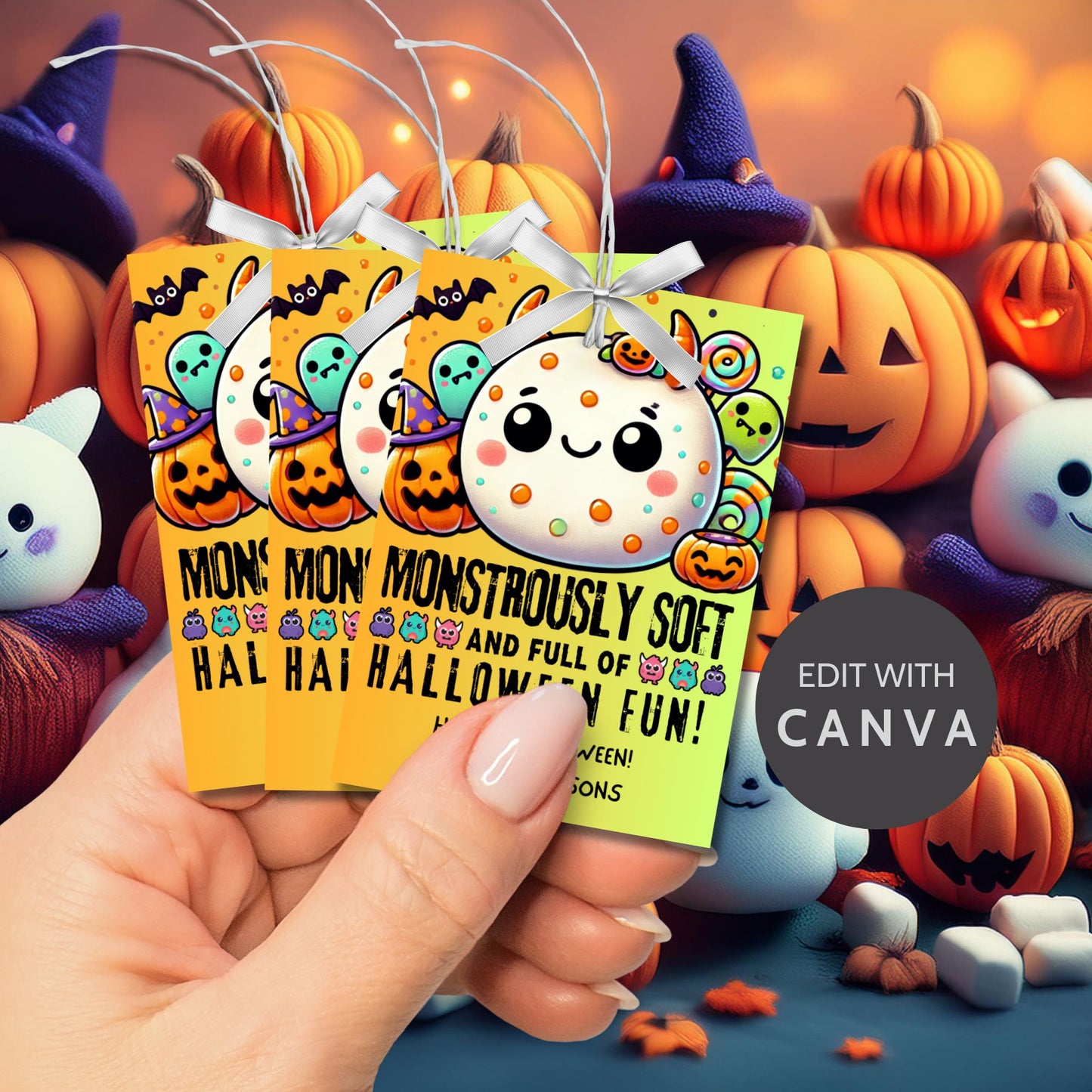 Cute and colorful Halloween gift tags featuring a squishy monster character, designed for Squishmallow gifts. The tag reads "Monstrously Soft and Full of Halloween Fun!"—perfect for adding a fun and festive touch to your Halloween presents. Each tag is 2.5 x 3.5 inches and comes with a printable PDF and an editable template.