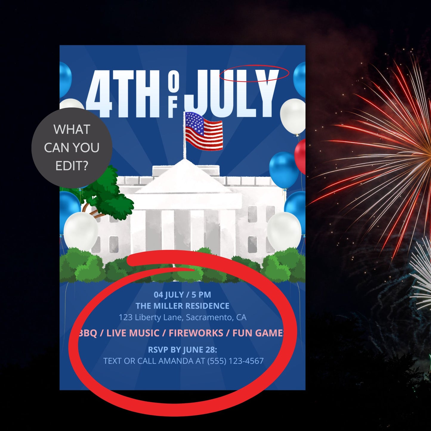 Editable 4th of July invitation featuring the White House, American flag, and red, white, and blue balloons. Great for patriotic cookouts and family celebrations.