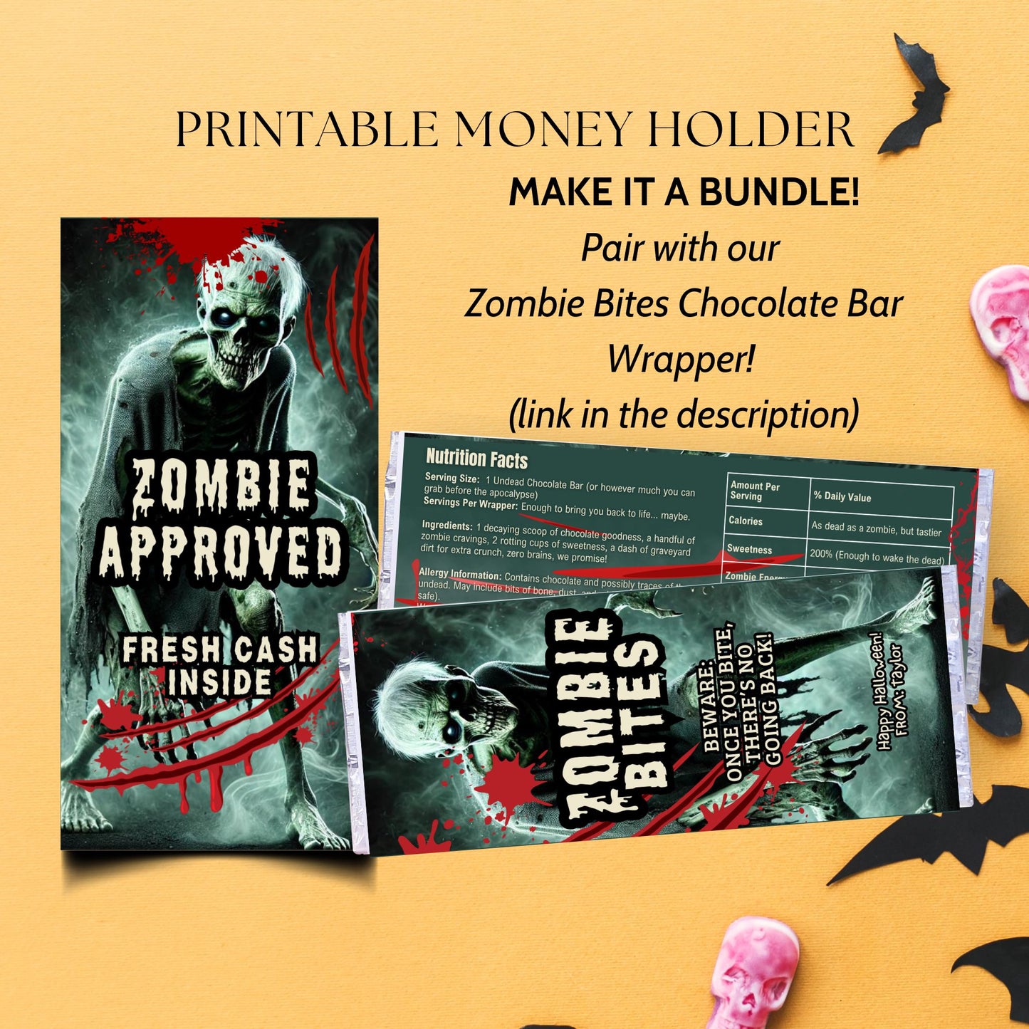 Zombie-themed printable money holder and chocolate bar wrapper on a yellow background with Halloween decorations.