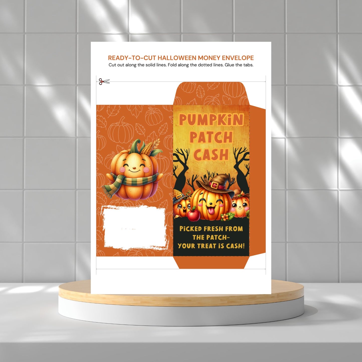 Halloween money envelope with pumpkin design on a white background