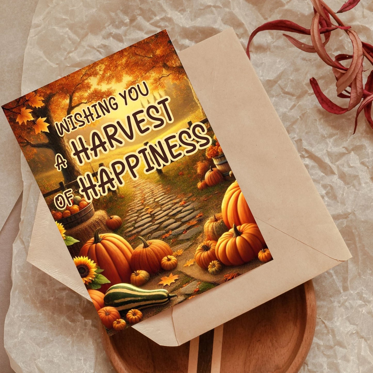 Printable Fall Greeting Card featuring pumpkins and autumn leaves with the message 'Wishing You a Harvest of Happiness,' perfect for seasonal greetings.