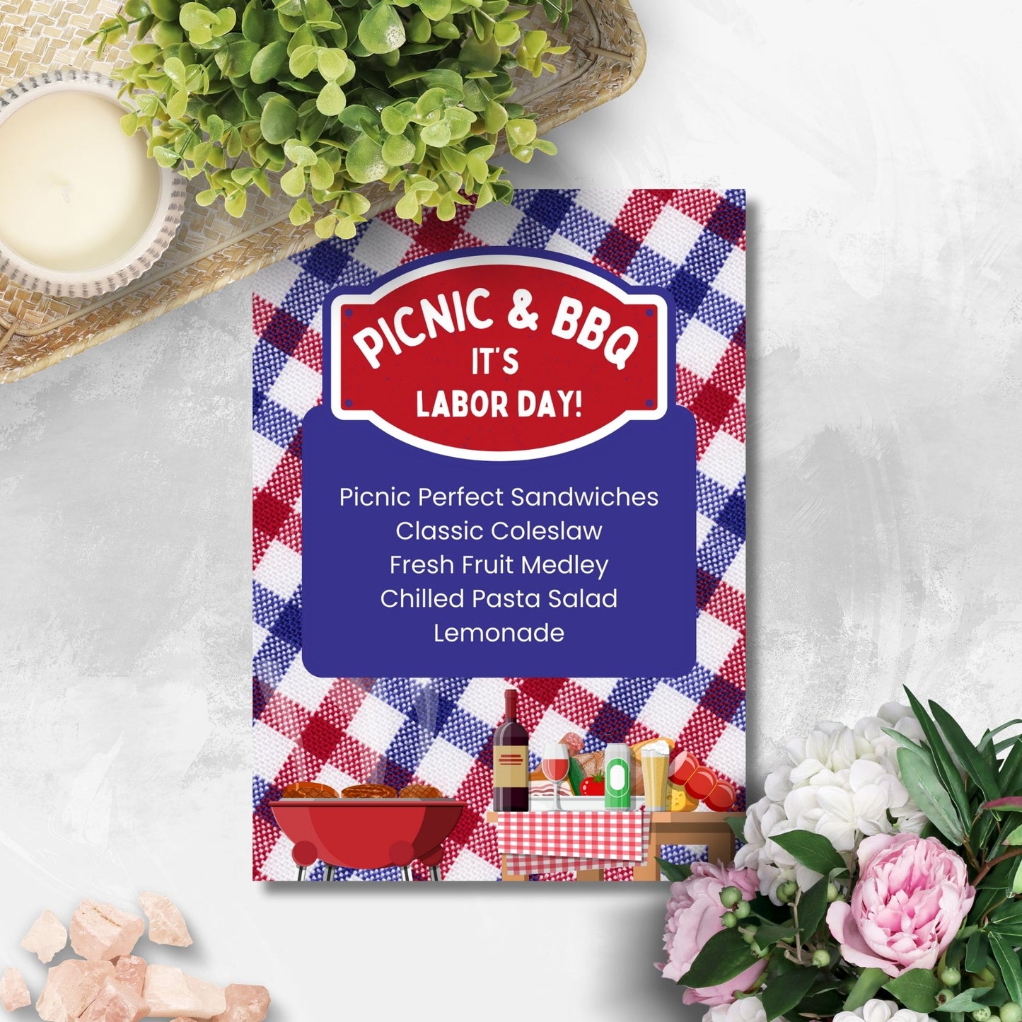 Picnic-themed Labor Day menu with a red, white, and blue gingham background, featuring editable items like Picnic Perfect Sandwiches and Fresh Fruit Medley.