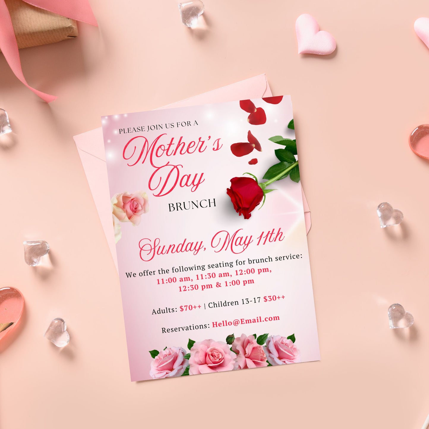 Stylish Mother's Day invitation flyer with editable text areas, decorated with elegant red and pink rose designs.