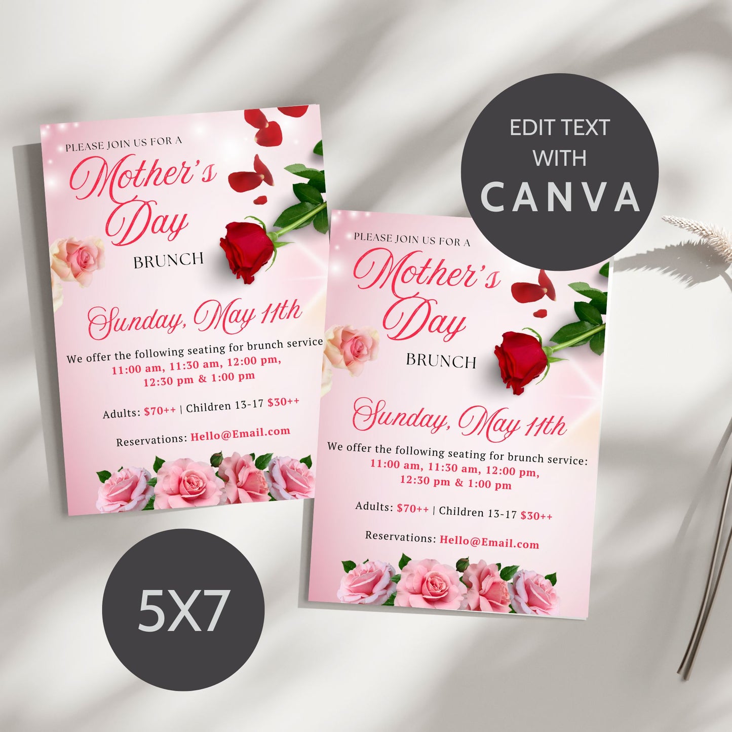 Stylish Mother's Day invitation flyer with editable text areas, decorated with elegant red and pink rose designs.