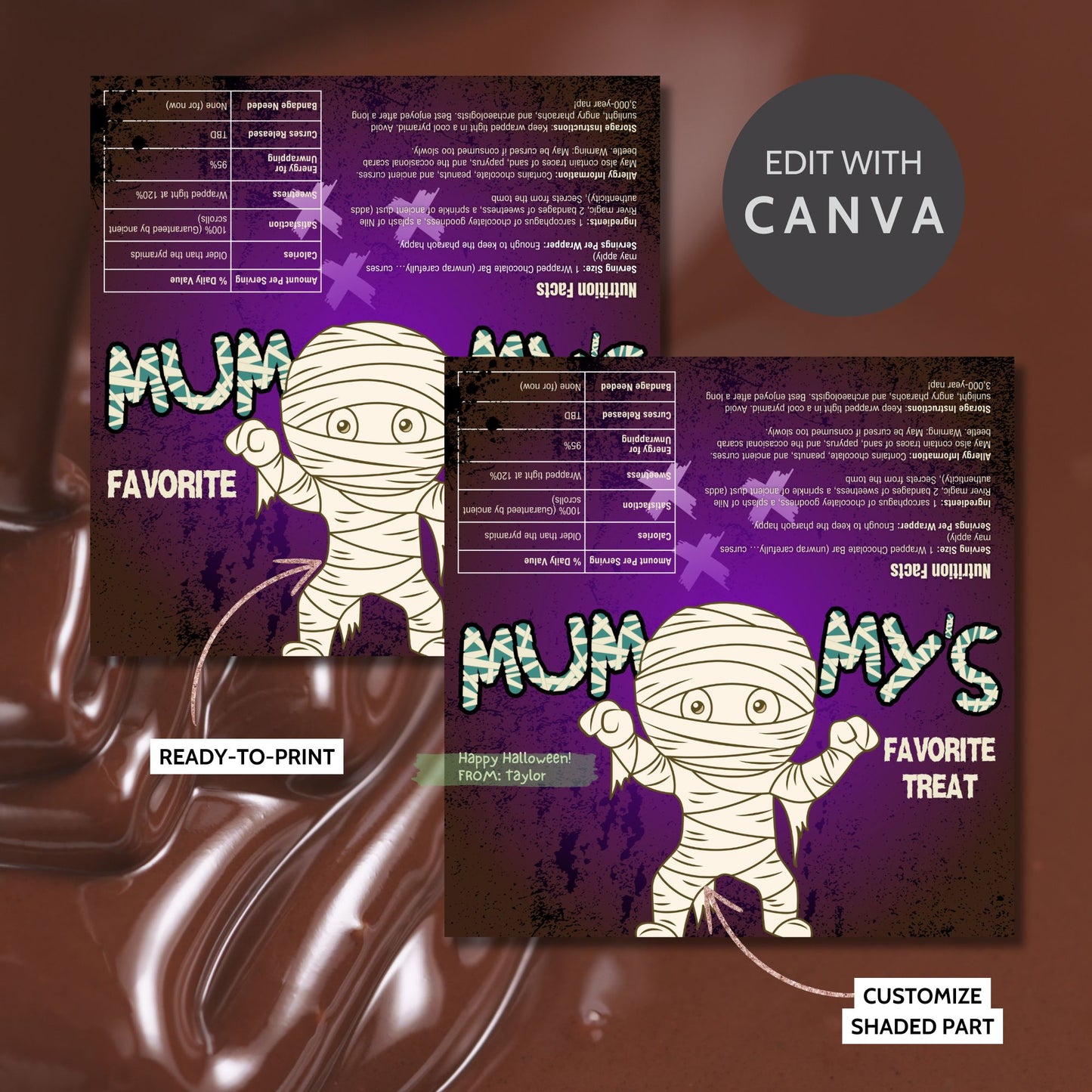 Printable and editable Mummy-themed Halloween chocolate bar wrapper featuring a fun mummy character, perfect for trick-or-treat and Halloween parties.