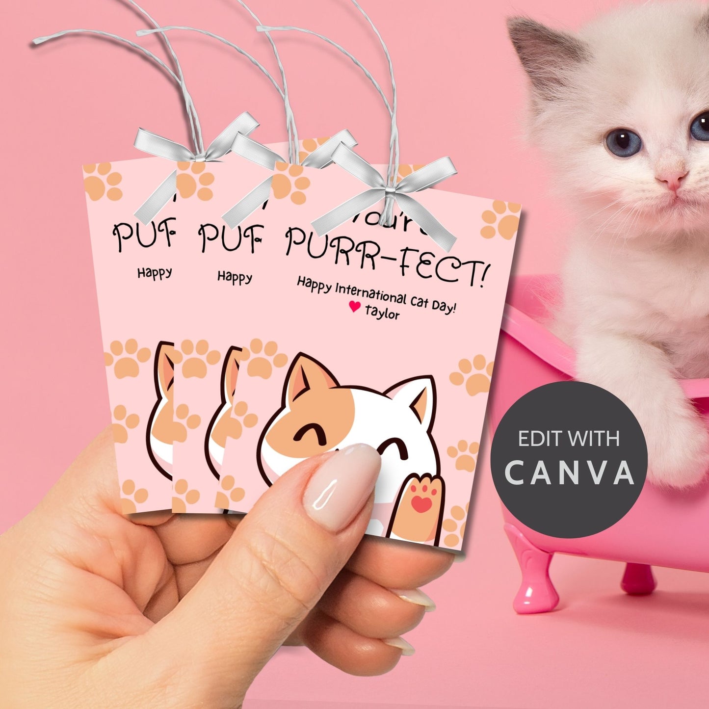 Editable International Cat Day gift tags, perfect for cat-themed parties or gifts for cat lovers, laid out on an 8.5 x 11-inch sheet with 8 tags per sheet