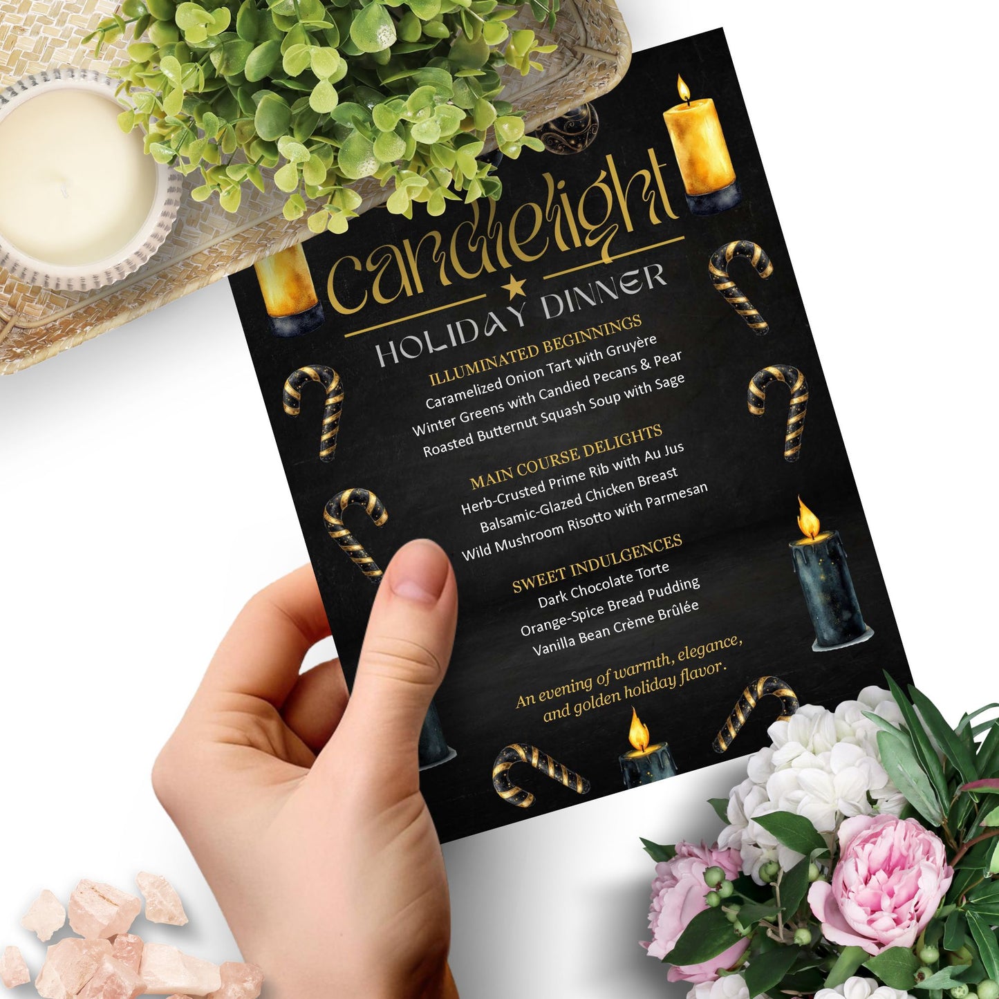 Elegant Candlelight Holiday Dinner Menu Template with black and gold design, editable in Microsoft Word, featuring festive Christmas menu layout on 8.5x11 printable sheet.