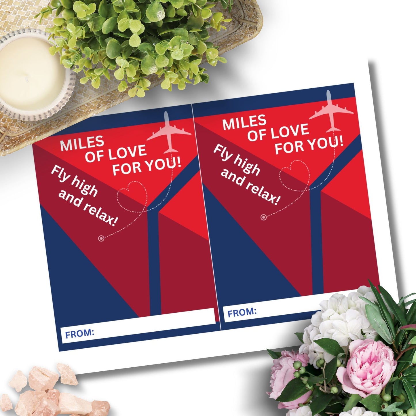 Printable “Miles of Love for You” airline travel-themed gift card holder for Mother’s Day, Father’s Day, or vacation gifts, 5x7 PDF format.