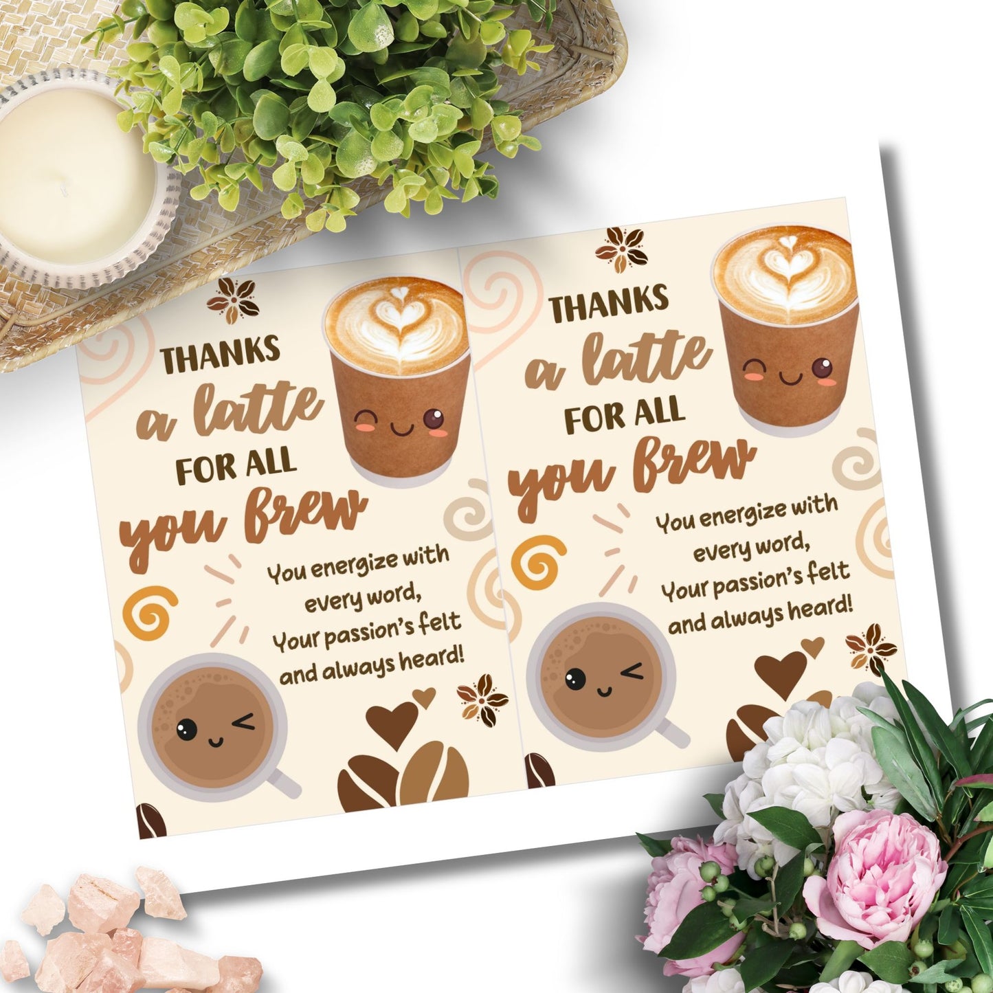 Printable 5x7 coffee-themed teacher card saying “Thanks a Latte for All You Brew” – digital download