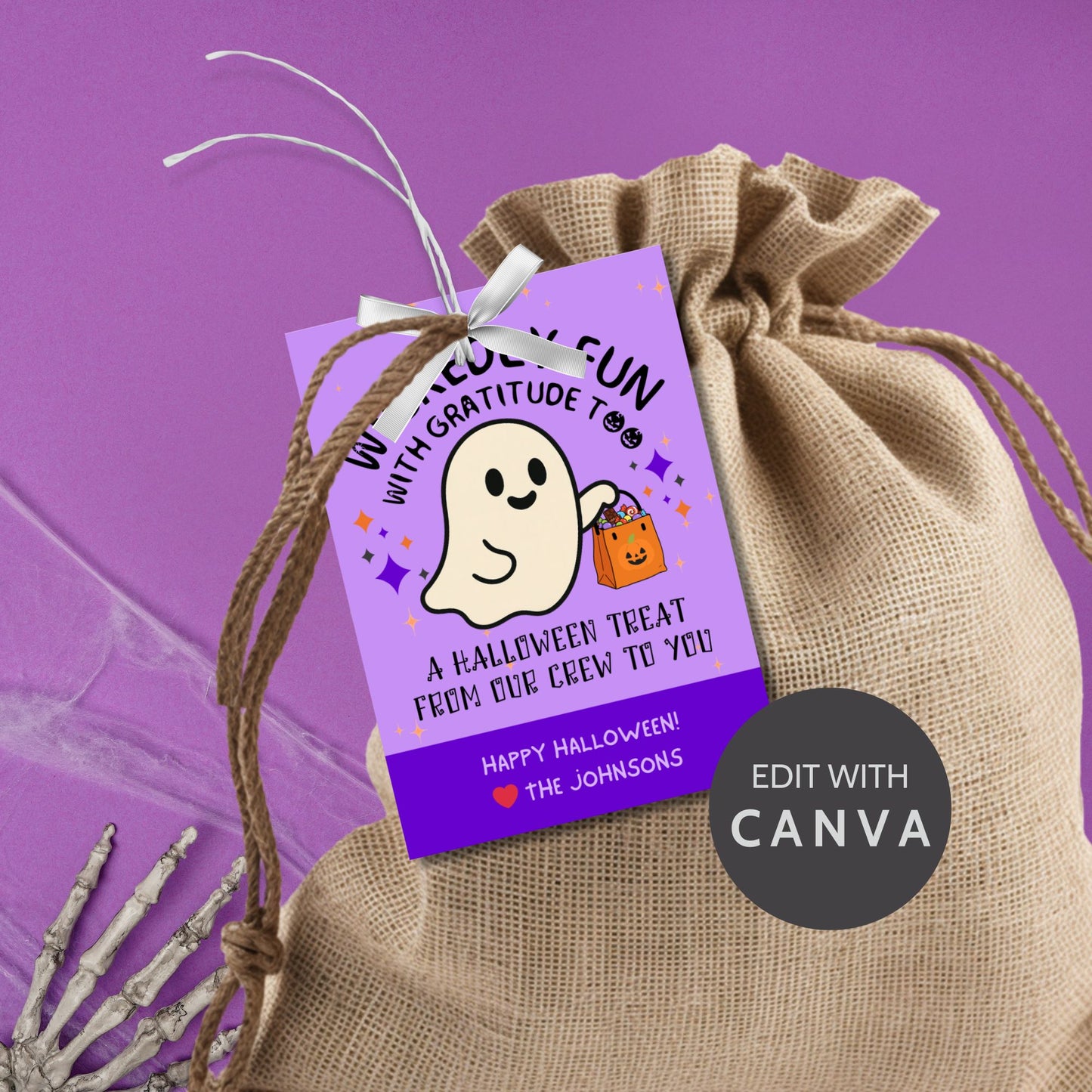 Halloween treat bag with a ghost tag on a purple background