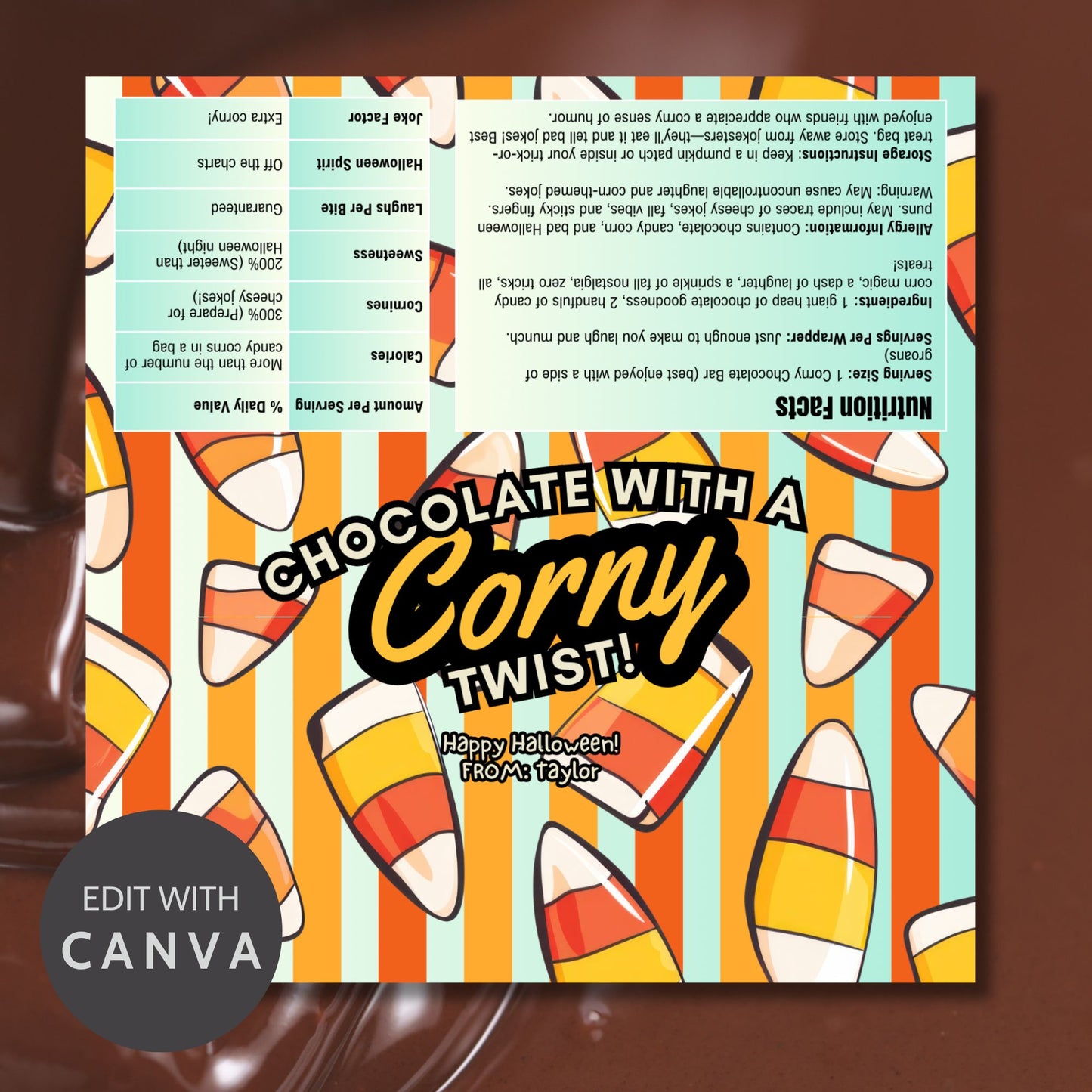 Printable and editable candy corn-themed Halloween chocolate bar wrapper featuring candy corn graphics and colorful stripes, perfect for trick-or-treat and Halloween parties.