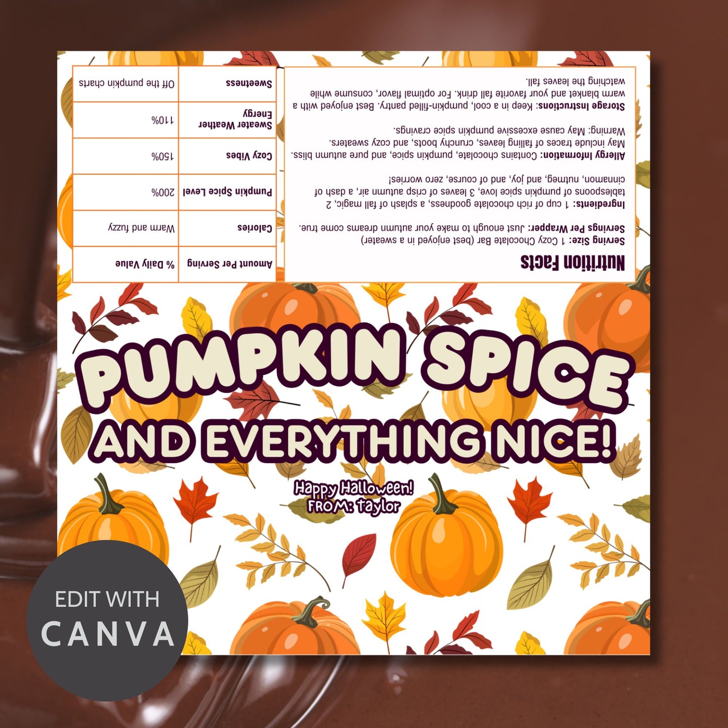 Printable and editable pumpkin-themed Halloween chocolate bar wrapper featuring pumpkins and fall leaves, perfect for Halloween and autumn-themed parties.