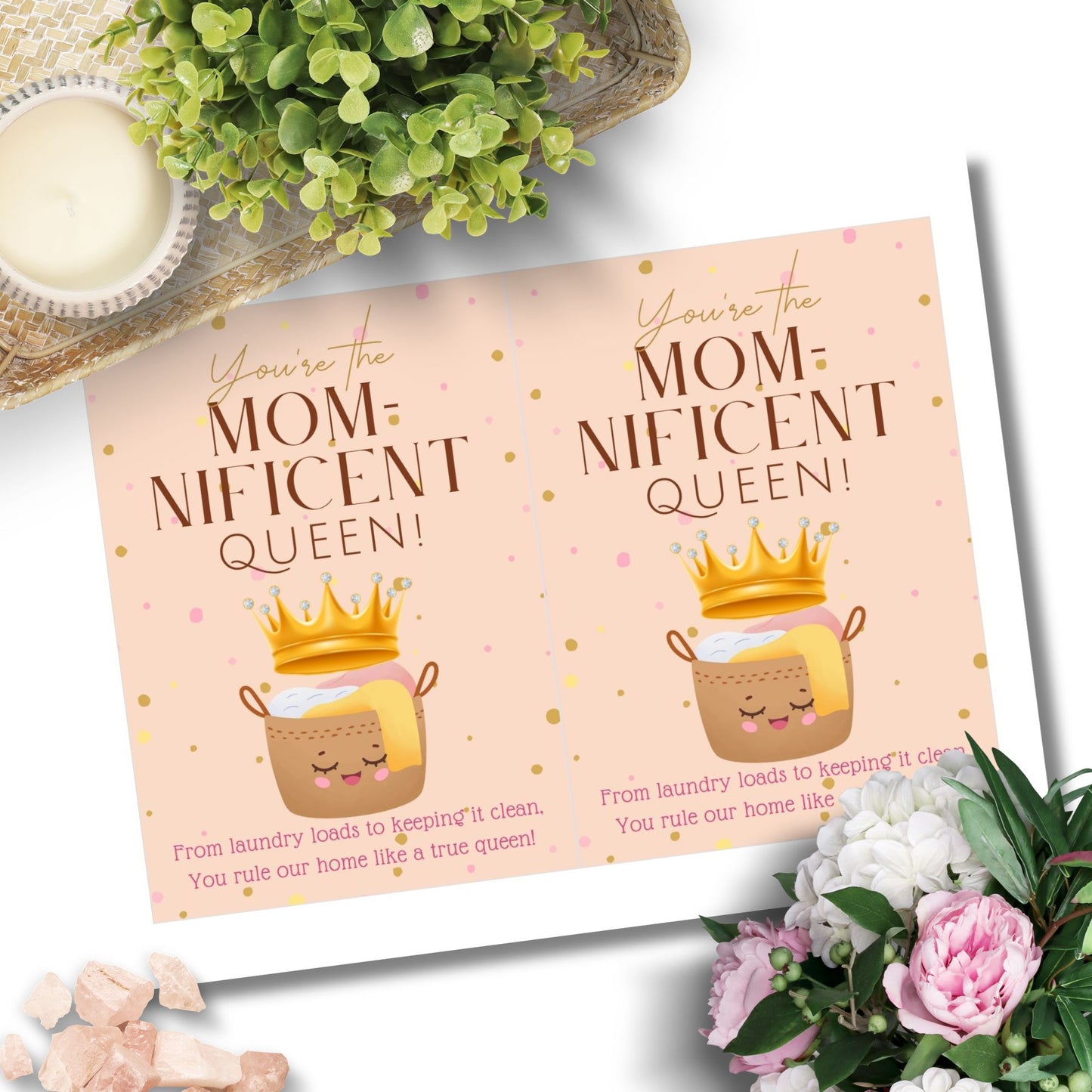 Printable 5x7 Mother's Day card with a crown illustration and the phrase “You’re the Momnificent Queen,” styled with regal, elegant design and bright colors, available as an instant download PDF.