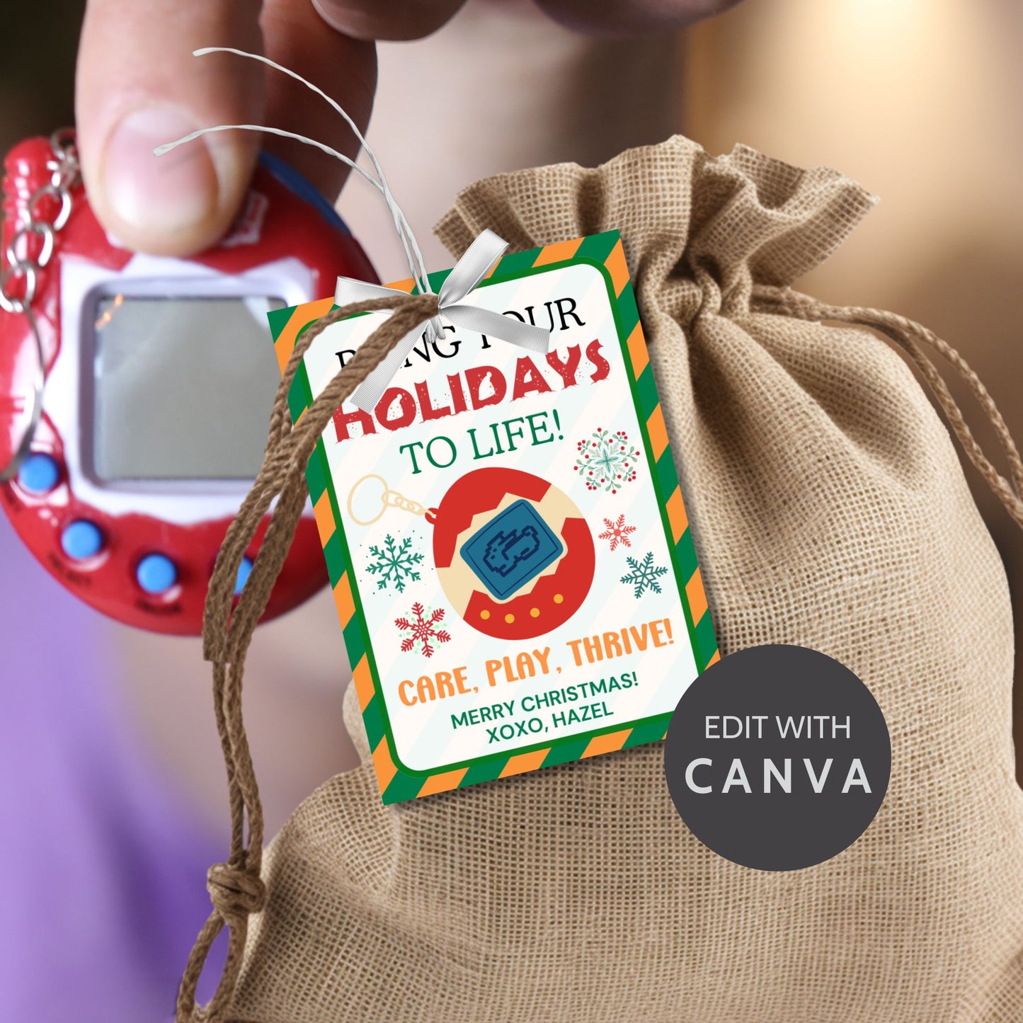 Festive holiday gift tags for Tamagotchi gifts featuring a colorful digital pet theme with a cheerful holiday message, perfect for kids or nostalgic retro lovers.