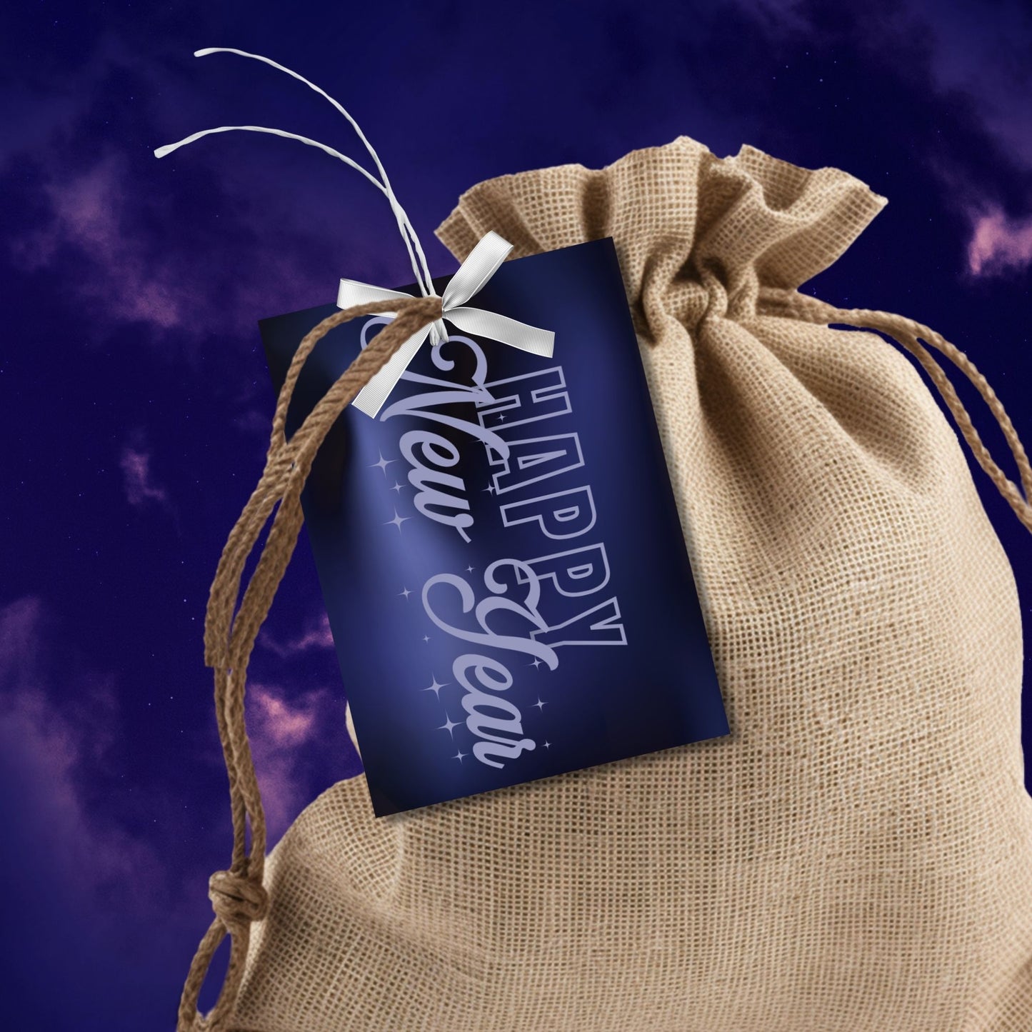 Future Dusk Happy New Year gift tags featuring the 2025 Color of the Year, with sleek midnight blue gradient and modern typography, perfect for holiday gifting. Printable, 2.5 x 3.5 inches, 8 per sheet.