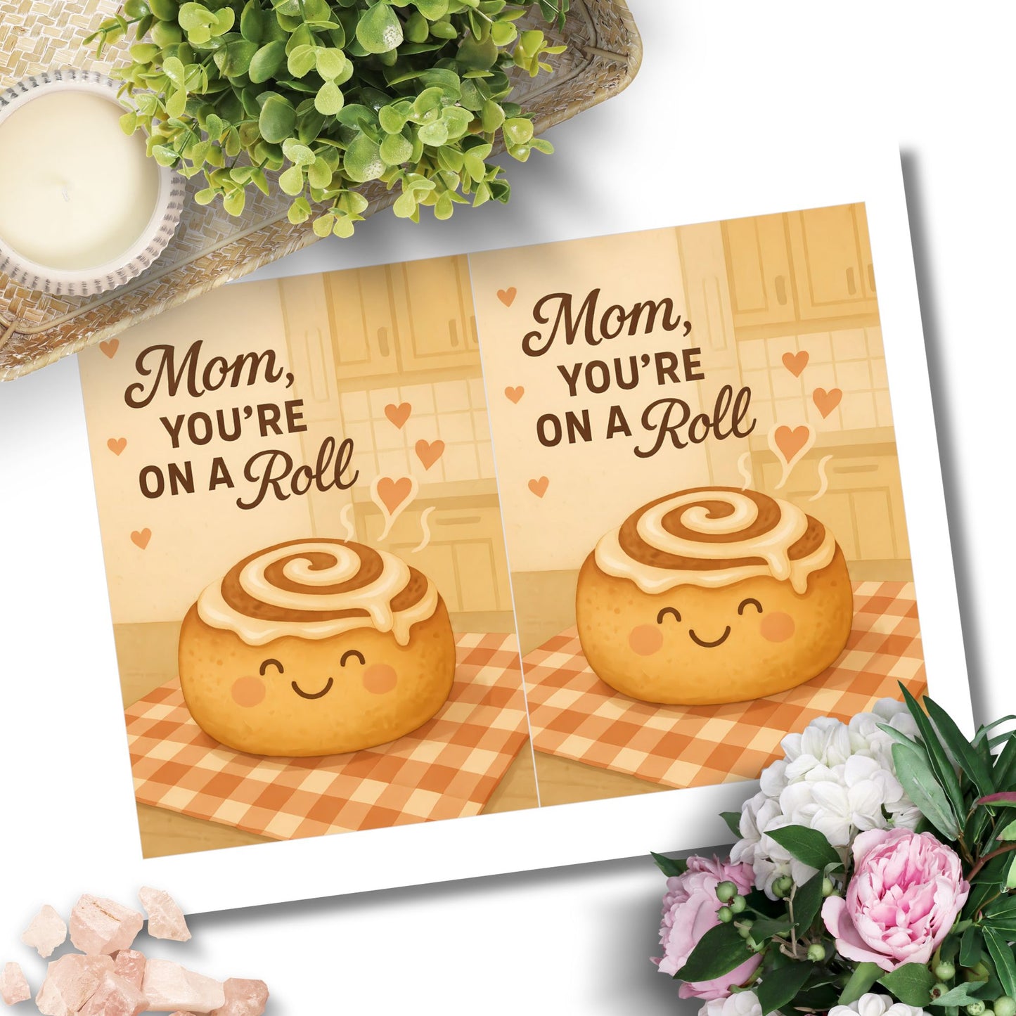 Printable 5x7 Mother’s Day card with the message “Mom, You’re On a Roll,” featuring a cinnamon roll graphic and playful pastel design, available as an instant PDF download.