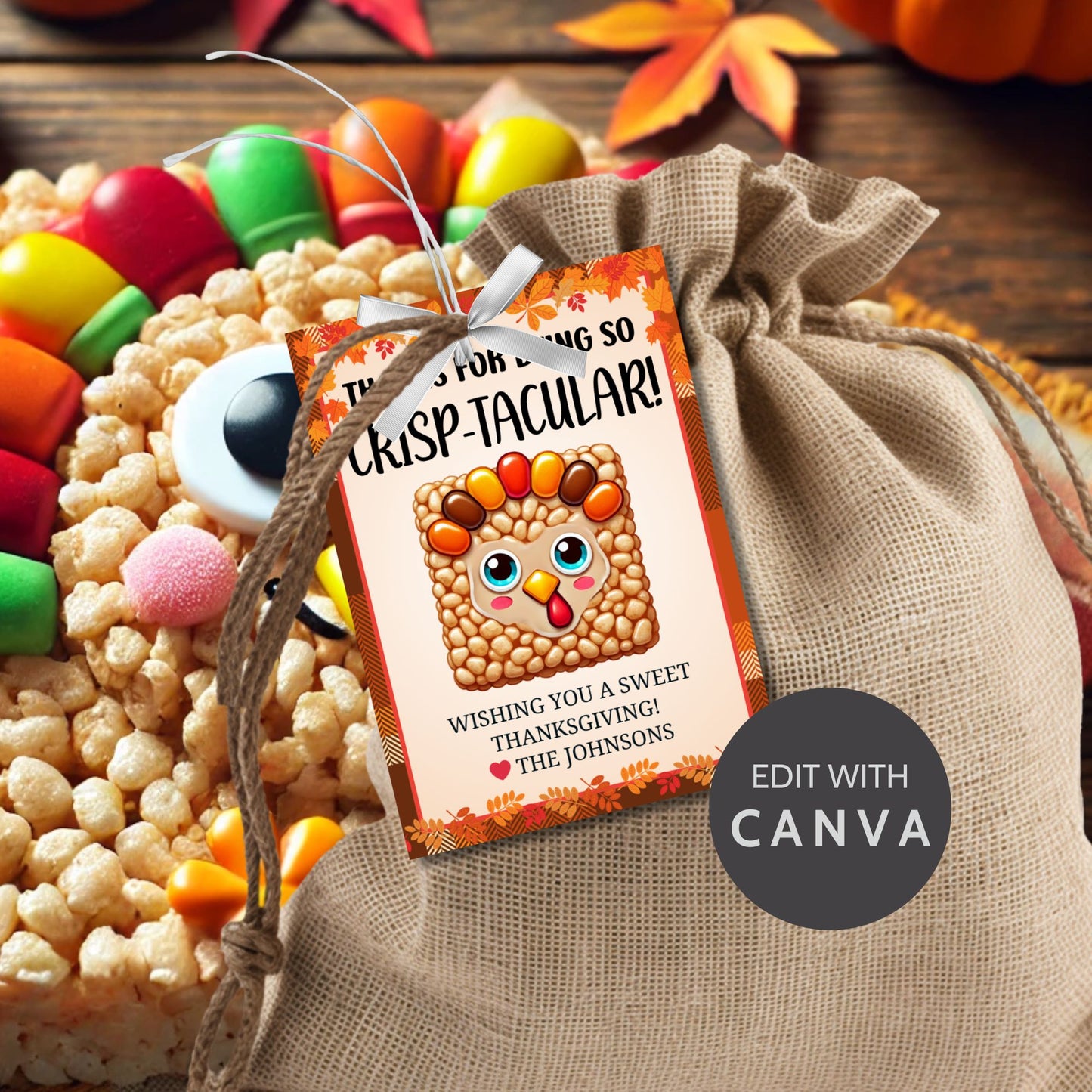 Printable Thanksgiving gift tags with a Rice Krispie turkey illustration and the message 'Thanks for Being So Crisp-tacular!' surrounded by a festive autumn border. Ideal for sweet holiday treats and gifts.