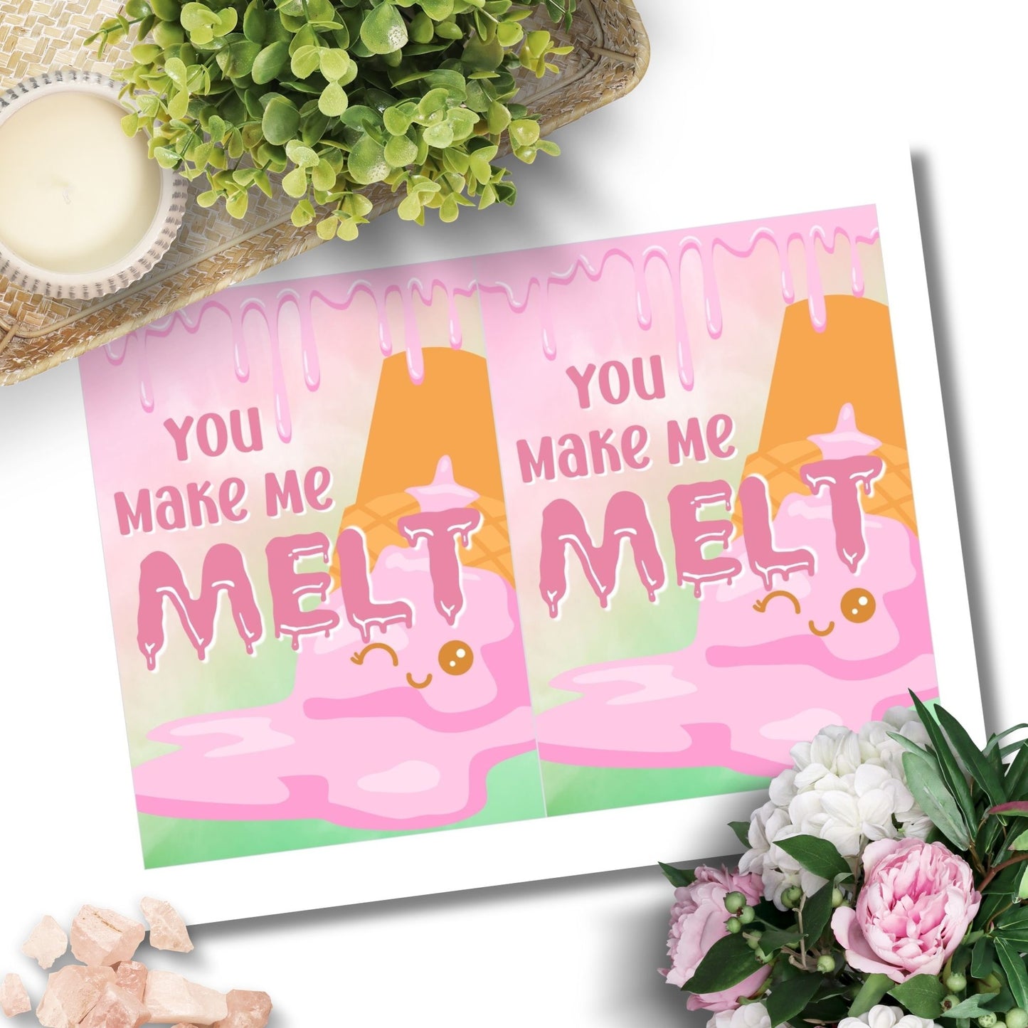Printable Valentineās Day Greeting Card featuring the phrase āYou Make Me Meltā with an ice cream theme. Designed as a 5x7 PDF on an 8.5 x 11 sheet with two cards per page. A sweet and punny Valentineās card for loved ones.