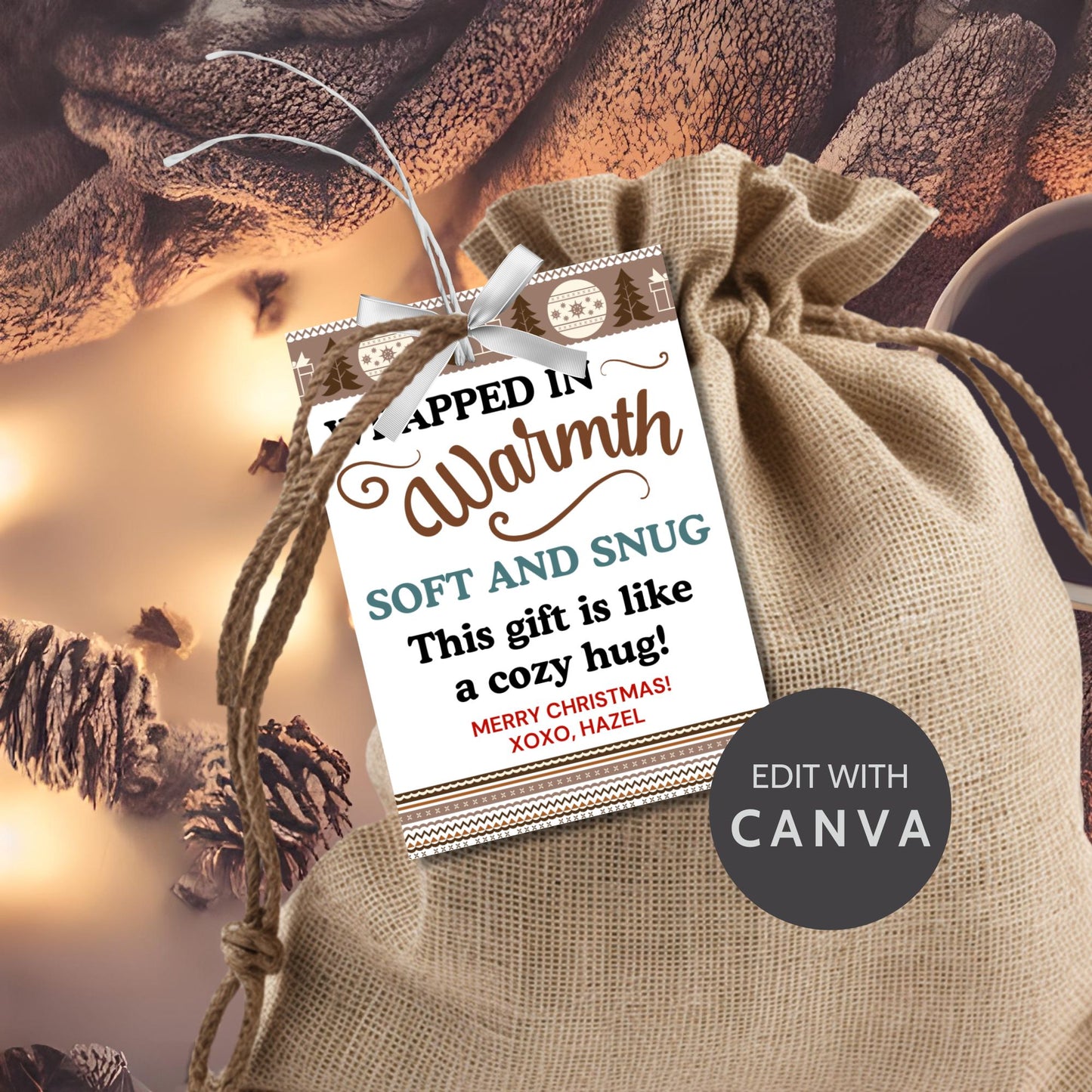 Printable "Wrapped in Warmth" gift tags designed for blankets and cozy gifts. Perfect for personalized or homemade blankets. Includes printable PDF and editable Canva template.