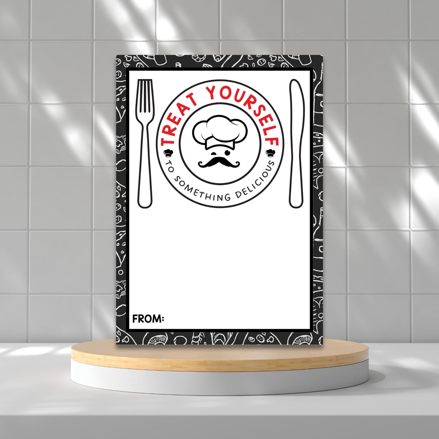 Printable restaurant gift card holders for students and anyone, 5x7 inches, laid out on an 8.5 x 11 inch sheet, with an inviting "Treat Yourself to Something Delicious" message.