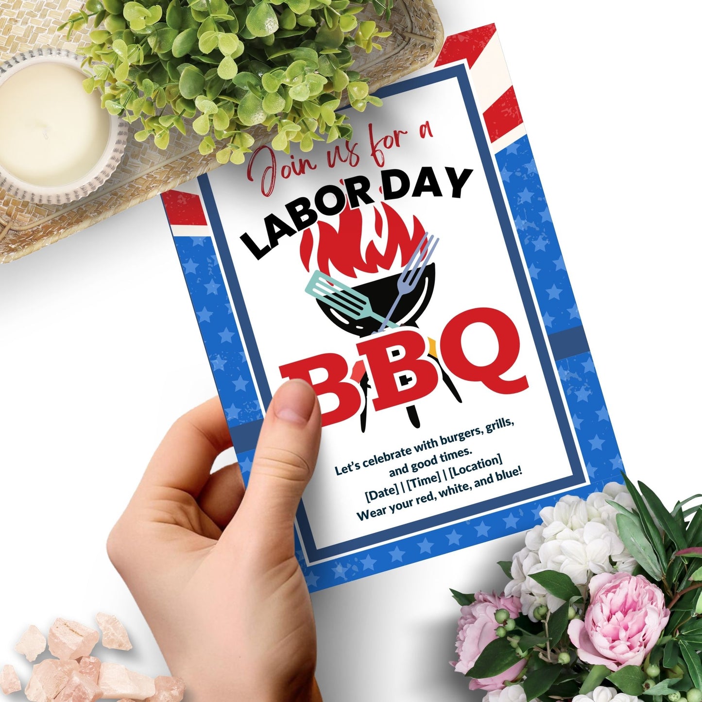 Patriotic-themed Labor Day BBQ invitation with red, white, and blue design, featuring grilling utensils and a bold BBQ title.