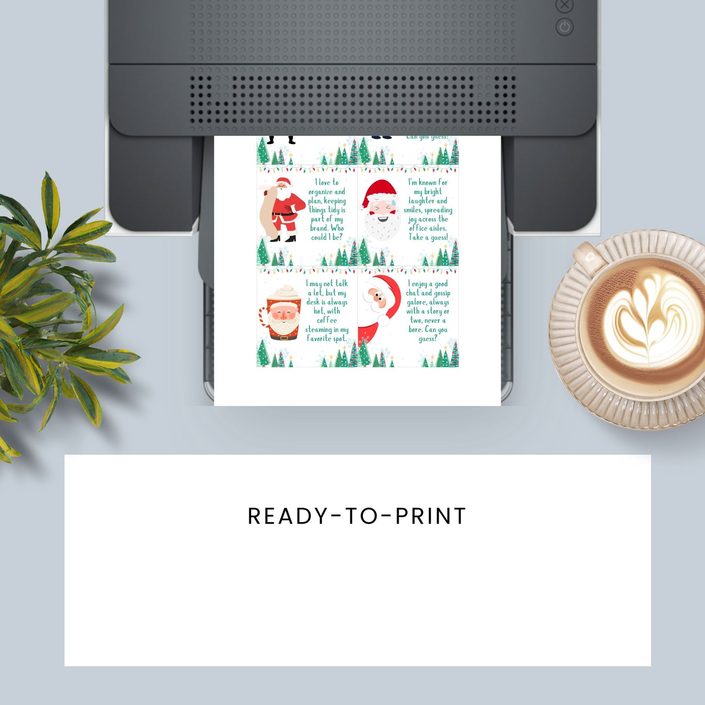 Bright and festive Secret Santa gift tags featuring fun riddles for holiday gift exchanges, laid out 6 per sheet on 8.5 x 11 inches.