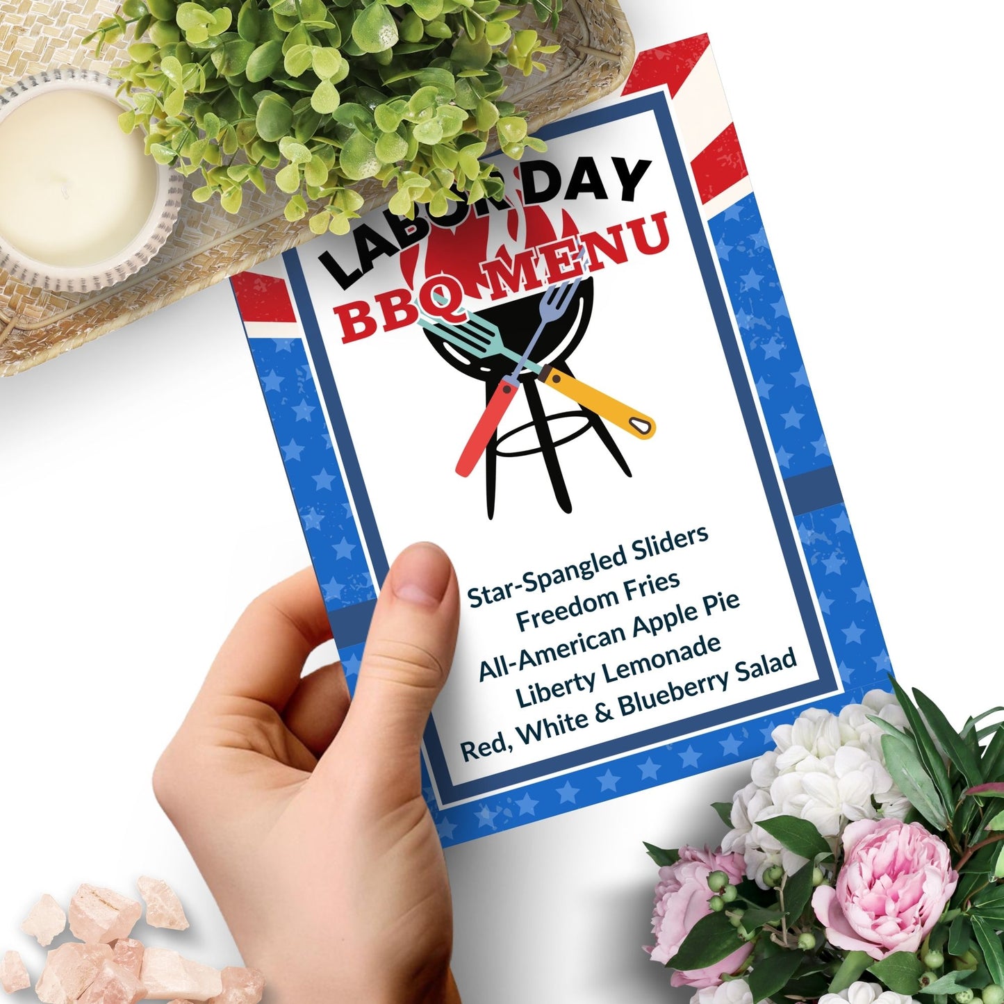 Patriotic Labor Day BBQ menu with red, white, and blue design, featuring editable food items like Star-Spangled Sliders and Liberty Lemonade.