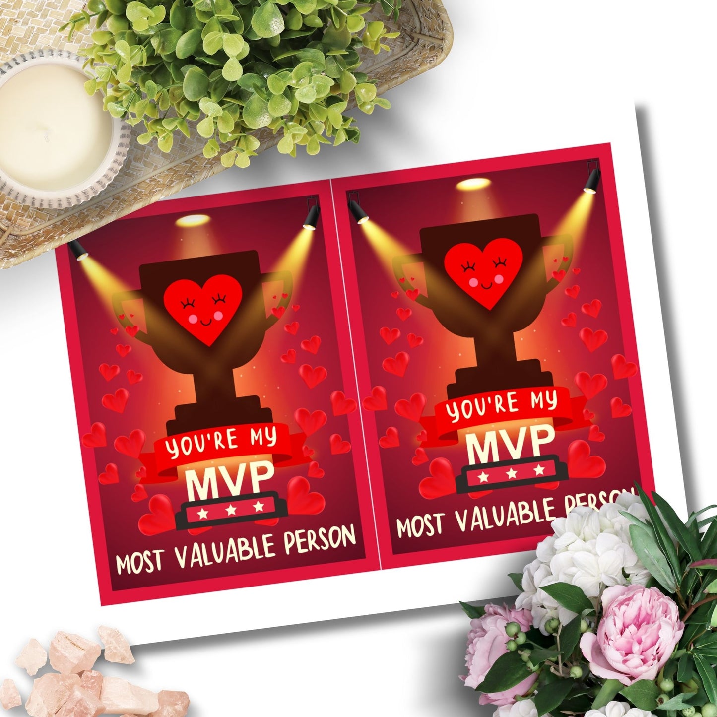 Printable Valentineās Day Greeting Card featuring the phrase āYou're My MVP.ā Designed as a 5x7 PDF on an 8.5 x 11 sheet with two cards per page. A fun and motivational Valentineās card for sports lovers.