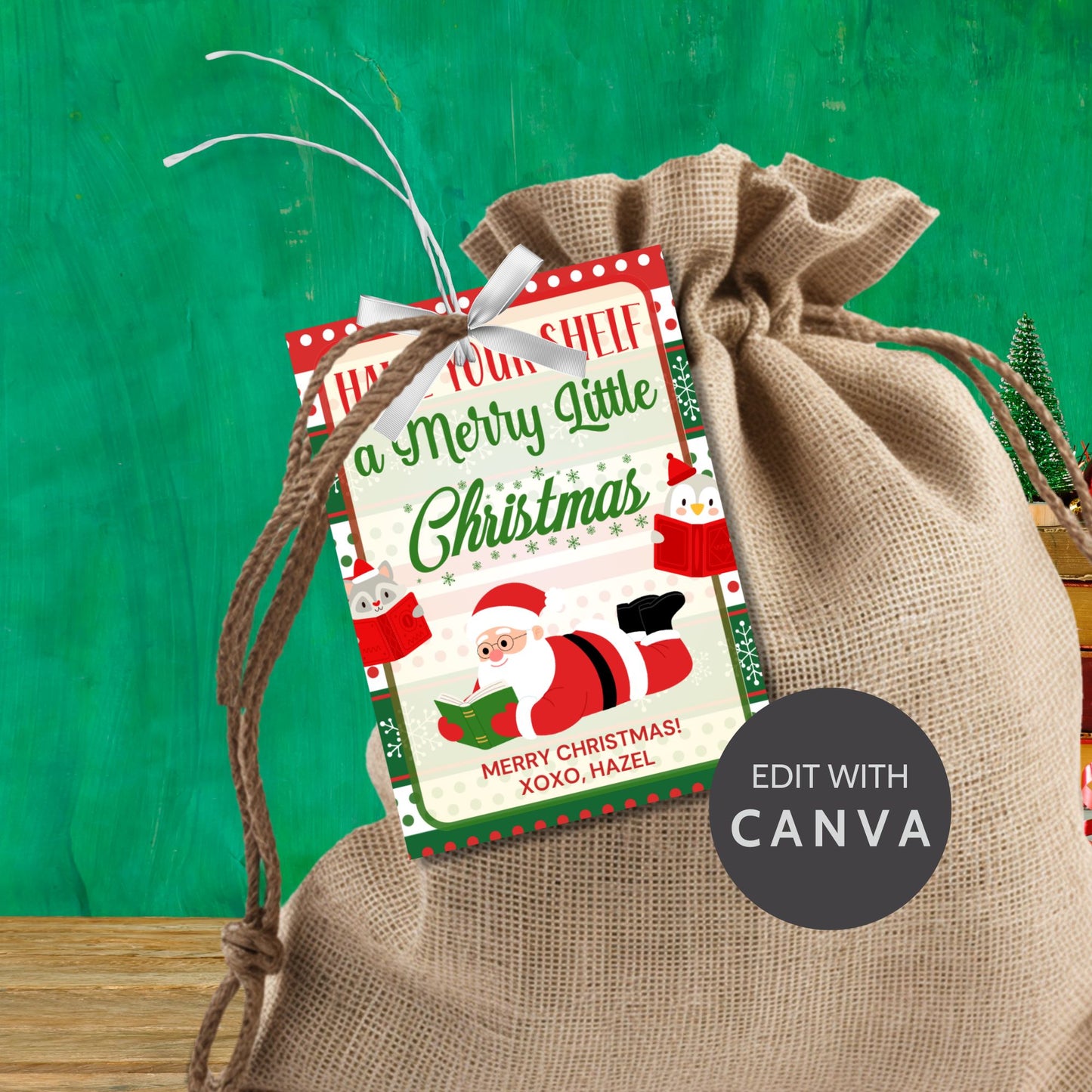 Holiday gift tags with a "Have Your-Shelf a Merry Little Christmas" theme, perfect for pairing with book gifts, featuring Santa reading a book and festive stockings.