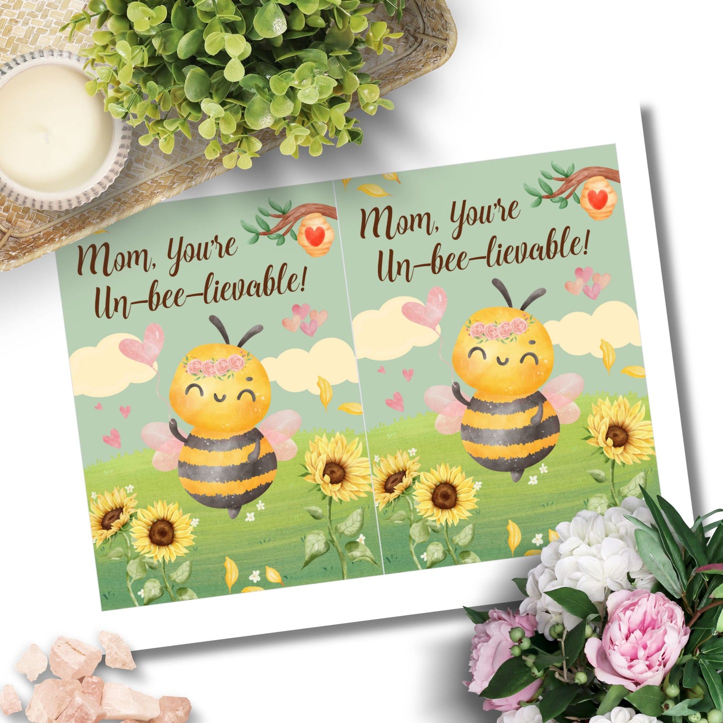 Printable 5x7 Mother’s Day card with a bee illustration and the message “Mom, You’re Unbeelievable,” featuring bright yellow and pastel colors, available as an instant download PDF.