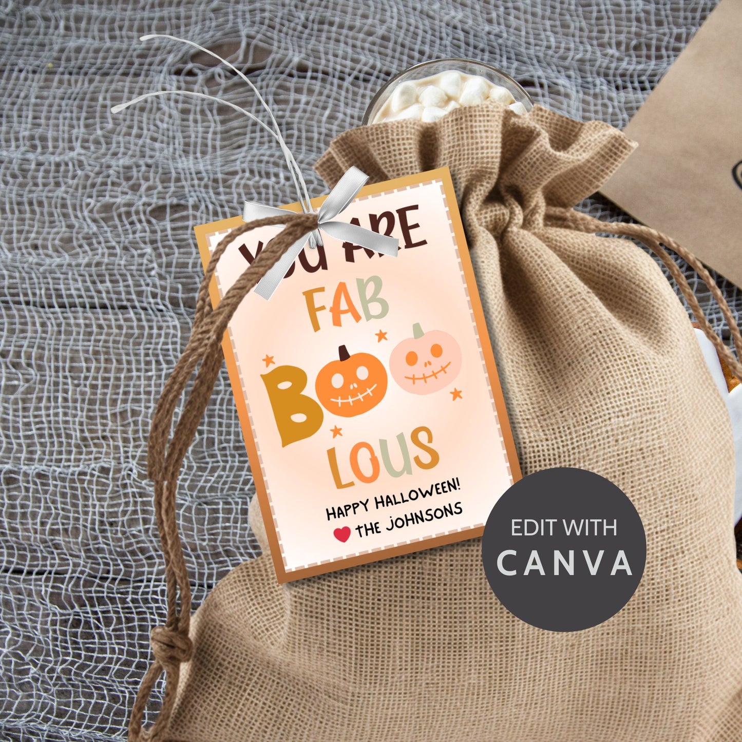 Printable Halloween gift tags with a warm color scheme, featuring the message "You Are FAB-BOO-LOUS" with cute smiling pumpkins, perfect for gifts and party favors.