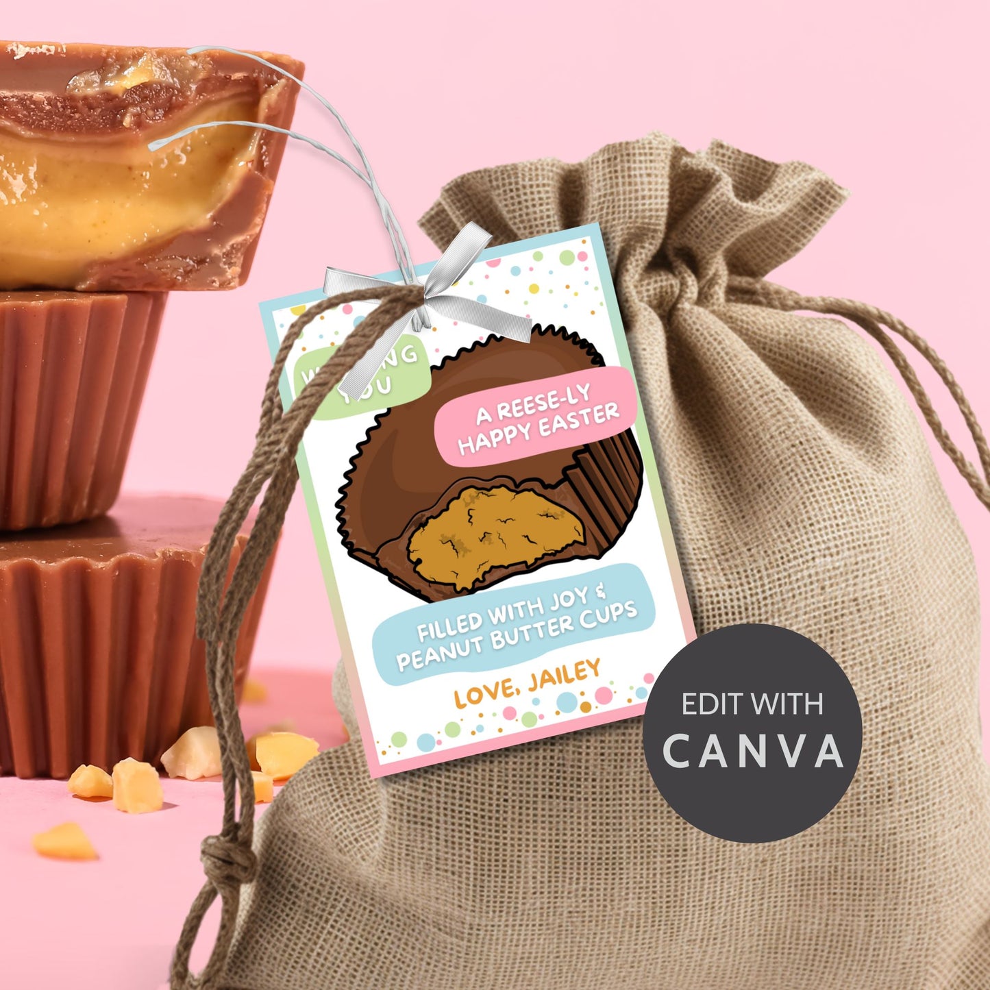 Colorful Easter-themed printable gift tags attached to peanut butter chocolate cups, featuring playful bunny illustrations and the cheerful message 'Wishing You a Hoppy Easter!