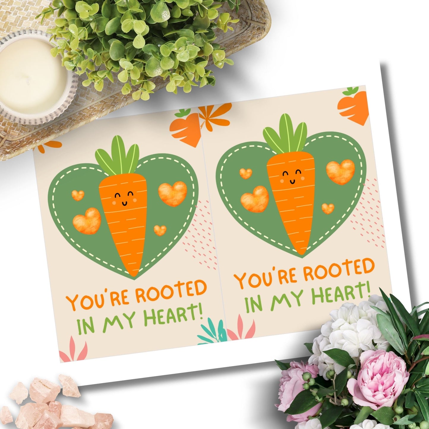 Printable Valentine’s Day Greeting Card featuring the phrase “You’re Rooted in My Heart” with a carrot theme. Designed as a 5x7 PDF on an 8.5 x 11 sheet with two cards per page. A sweet and punny Valentine’s card for veggie lovers and friends.