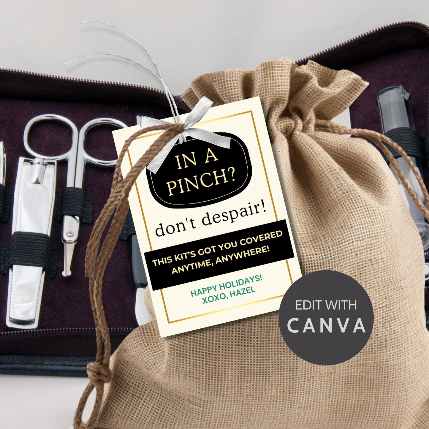 Elegant black and gold "In A Pinch? Don’t Despair!" gift tags, perfect for emergency kits or small survival packs. Includes printable and editable Canva template.