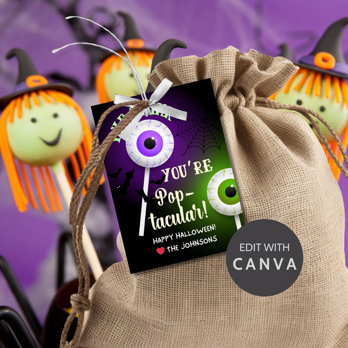 Halloween gift tag with a spooky eyeball cake pop design and the message 'Eye Think You're Pop-tacular!' for cake pop-themed treats.