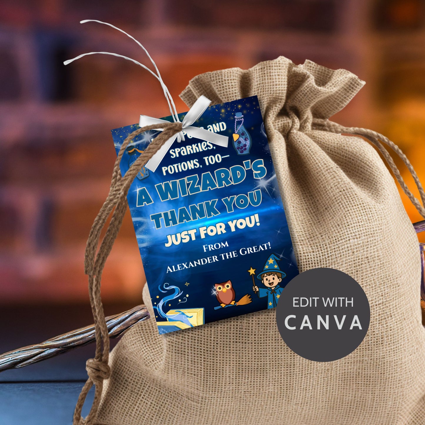 Blue gift tag with text and cartoon characters on a beige drawstring bag.
