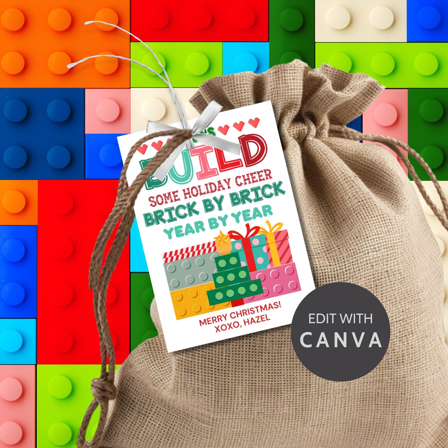 Festive "Let’s Build Some Holiday Cheer" gift tags with a building block theme, perfect for LEGO or similar gifts. Includes printable PDF and editable Canva template for personalization.