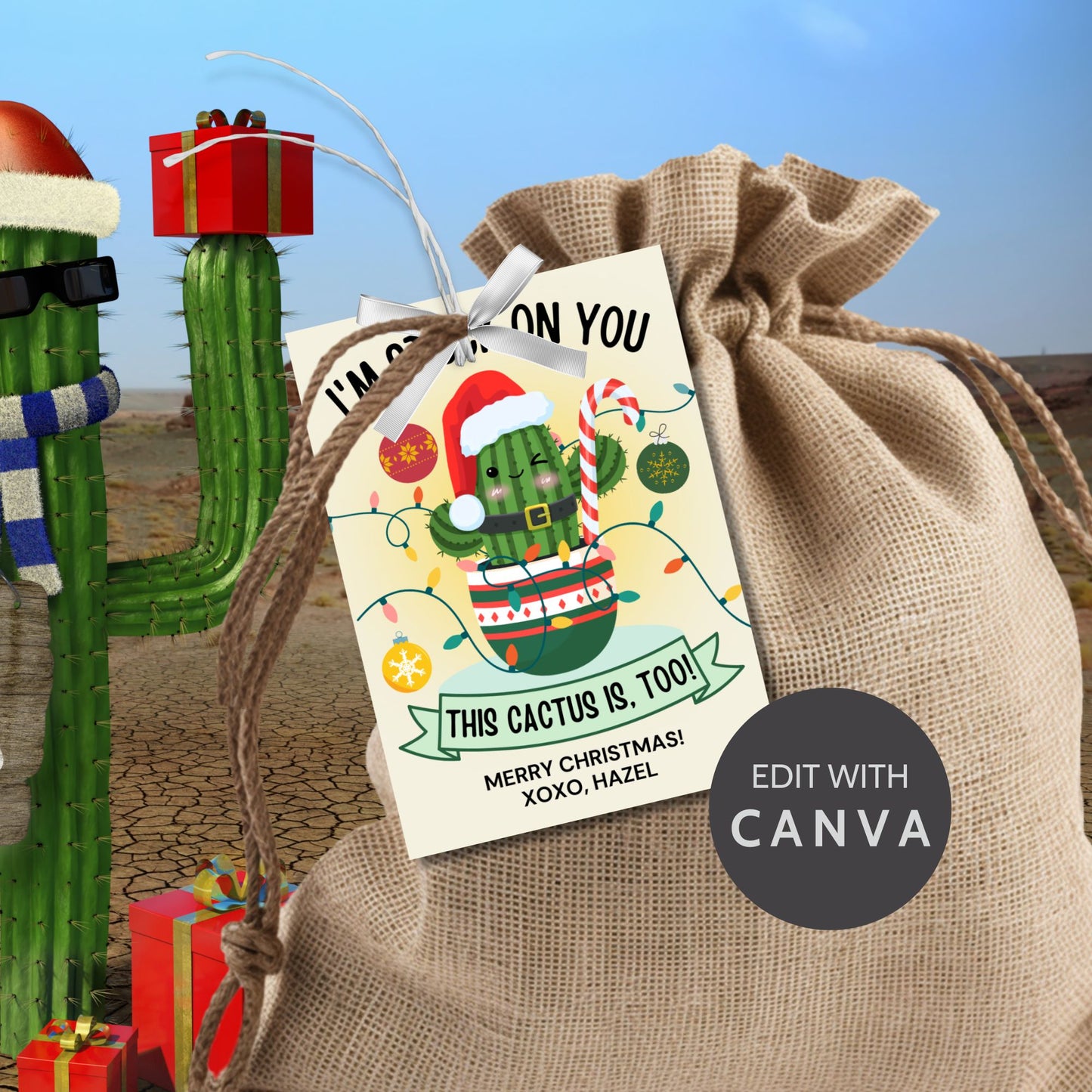 Festive holiday gift tags featuring a cheerful cactus in Christmas attire, perfect for cactus-themed or succulent gifts. Includes printable PDF and editable Canva template.