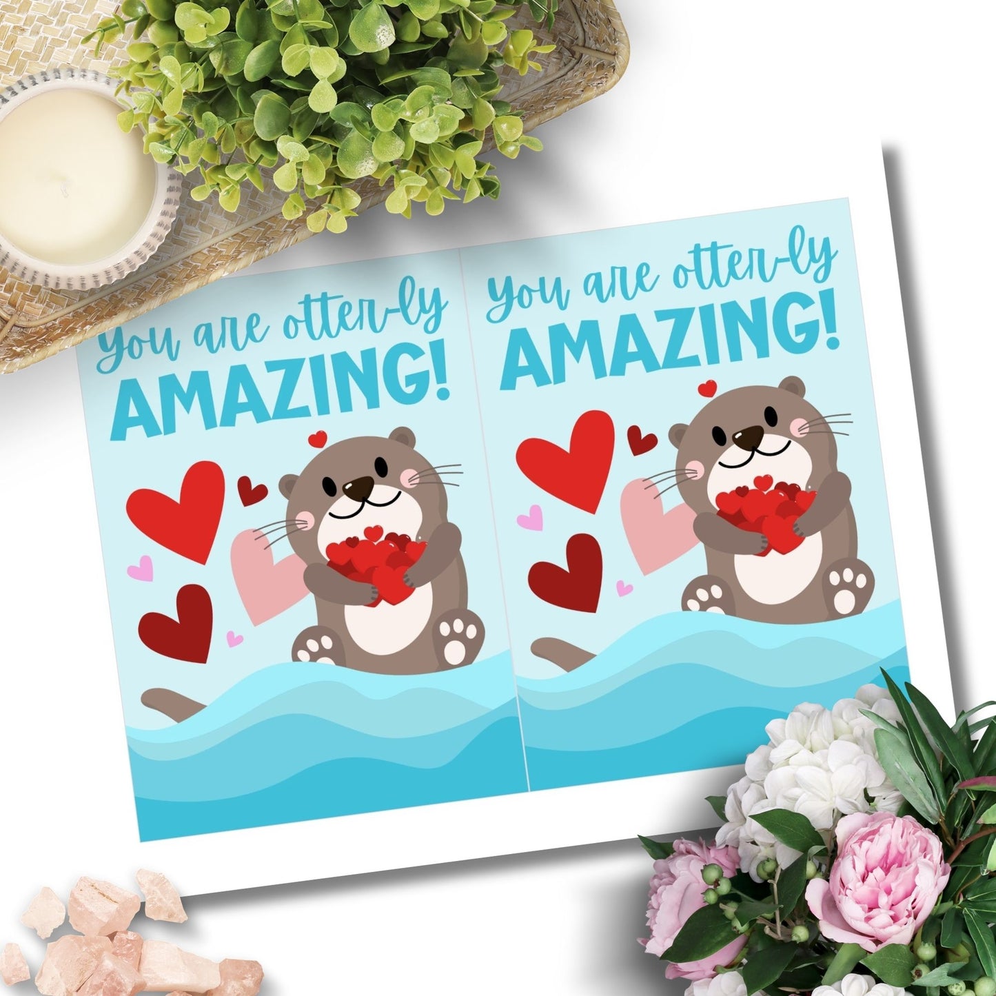 Printable Valentineās Day Greeting Card featuring the pun āYou Are Otterly Amazing.ā Designed as a 5x7 PDF on an 8.5 x 11 sheet with two cards per page. A cute and fun Valentineās card for otter lovers and friends.