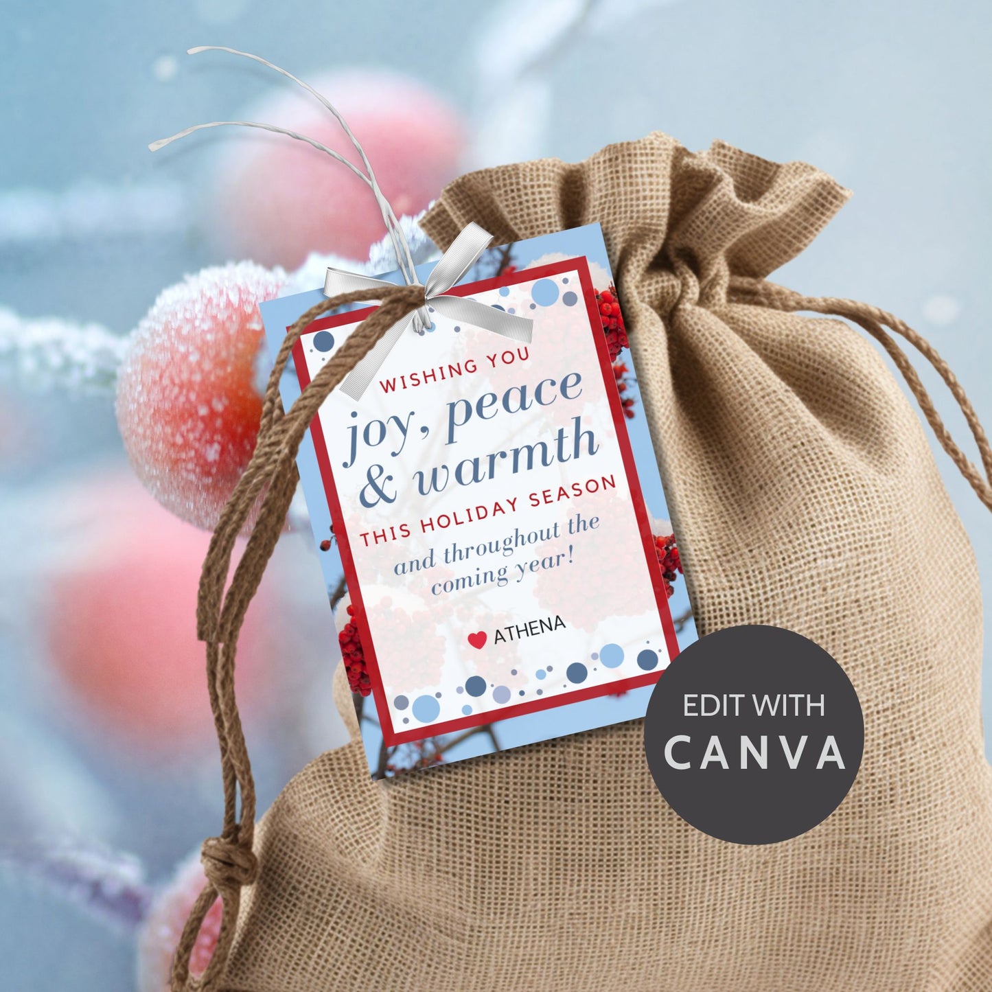 A set of eight printable and editable Christmas gift tags featuring an elegant icy blue and fiery red color palette, designed with a festive message. Each tag measures 2.5 x 3.5 inches, laid out on an 8.5 x 11-inch sheet, perfect for adding a personalized holiday touch.