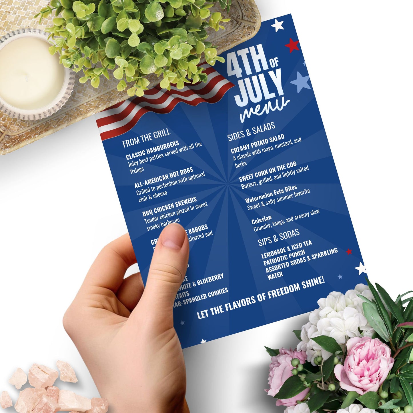 Editable 4th of July BBQ menu with patriotic red, white, and blue theme featuring food sections for grilling, sides, desserts, and drinks – fully customizable in Canva, printable in 8.5x11 format.
