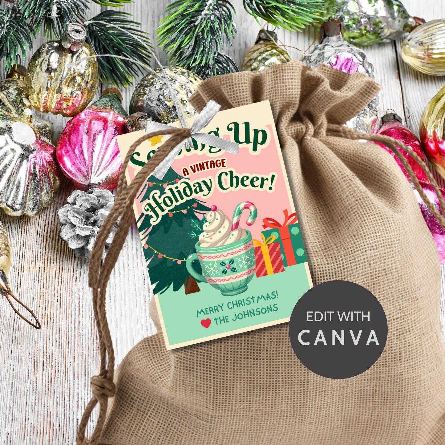 Retro-inspired Christmas gift tags featuring a cozy mug of whipped cream with a candy cane, a Christmas tree, and presents, paired with the message "Serving Up a Vintage Holiday Cheer!" These printable and editable tags add a charming, nostalgic touch to holiday gifts.
